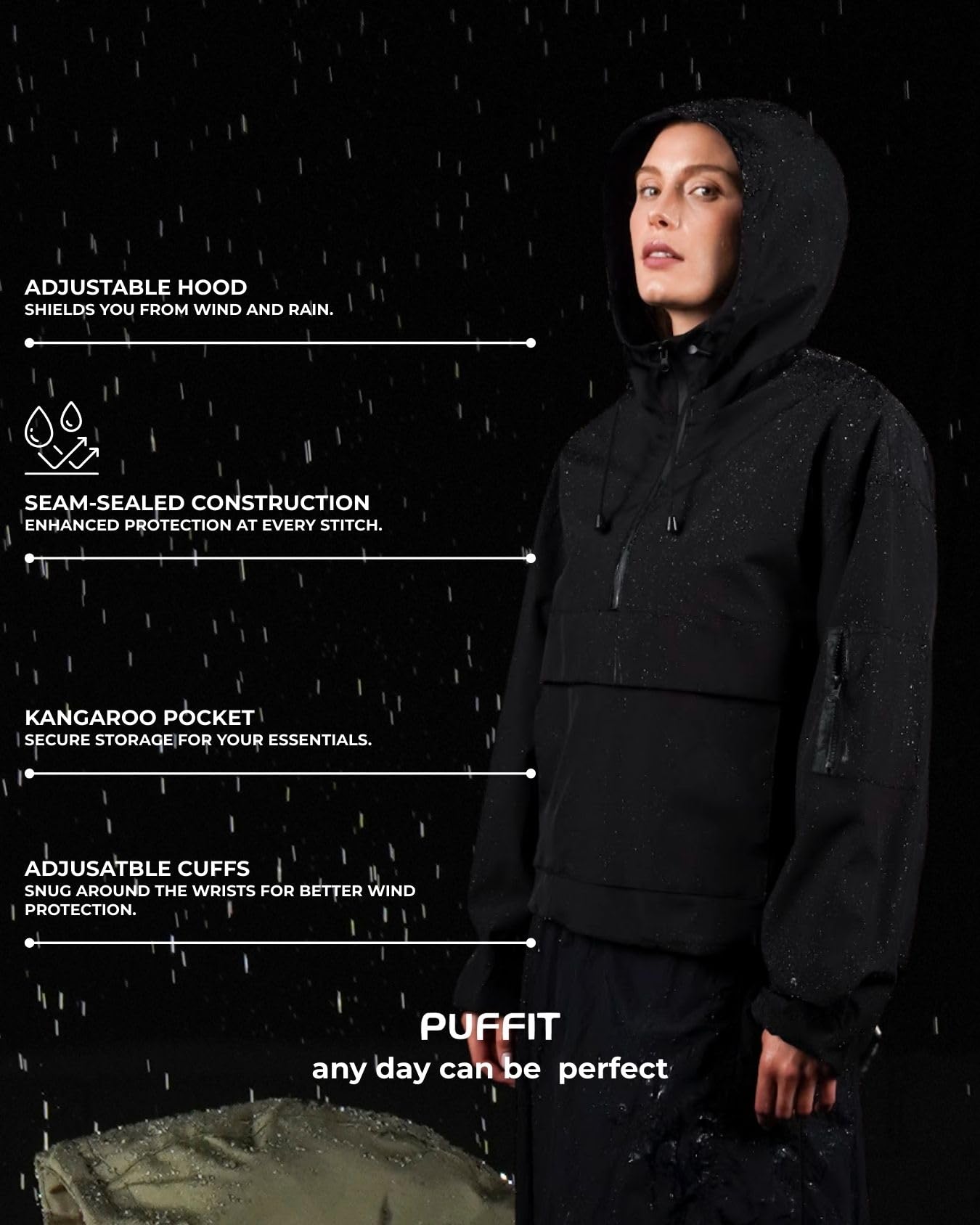 PUFFIT Anorak - Chaqueta impermeable ligera con capucha para mujer, resistente al agua, con capucha, perfecta para acampar y viajar