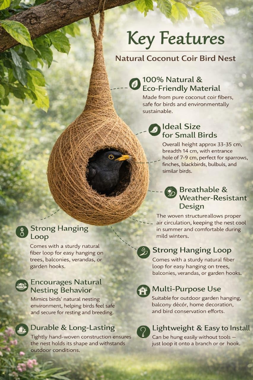 Handcrafted Jute Bird Nest for Cages, breeding, Wild Birds - Cozy Haven for All Medium,Small Birds Like Sparrows, Finches & Java Sparrows (1 Nest) 1