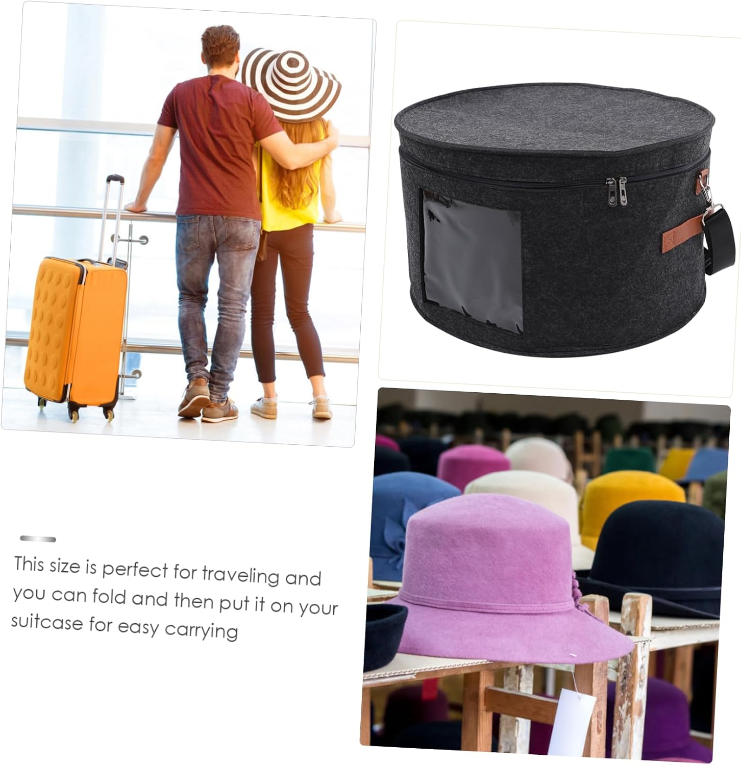 Round Hat Carrier Case Storage Box for Baseball Caps and Hats Felt Material Transparent Window for Travel and Home Organization Deep