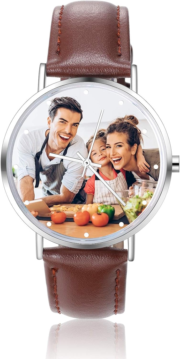 Gemszoo Personalized Picture Watch Custom Photo Watch PU Leather Strap Quartz Watch Gifts for Men Dad
