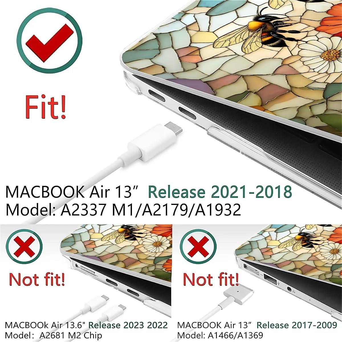 for MacBook Air 13 Inch Release 2018/2020 Model A1932/A2179/A2337 Clear Computer Case,Novelty Premium Pattern Hardshell Laptop Case Bees Picking Nectar and Flowers Fluttering