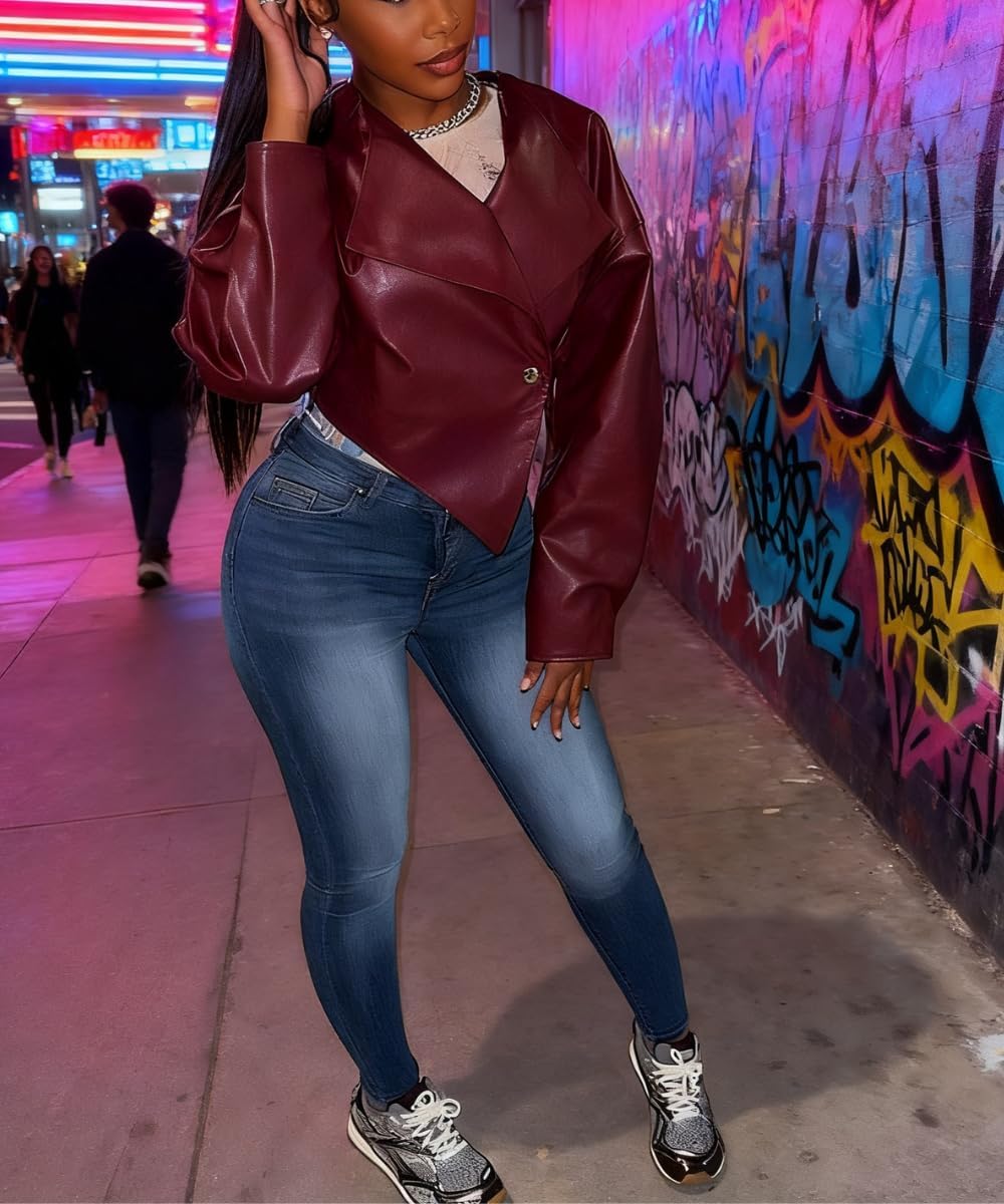 Glitrandi Cropped Faux Leather Jacket Women Trendy Streetwear Fashion Top Coat - Image 5