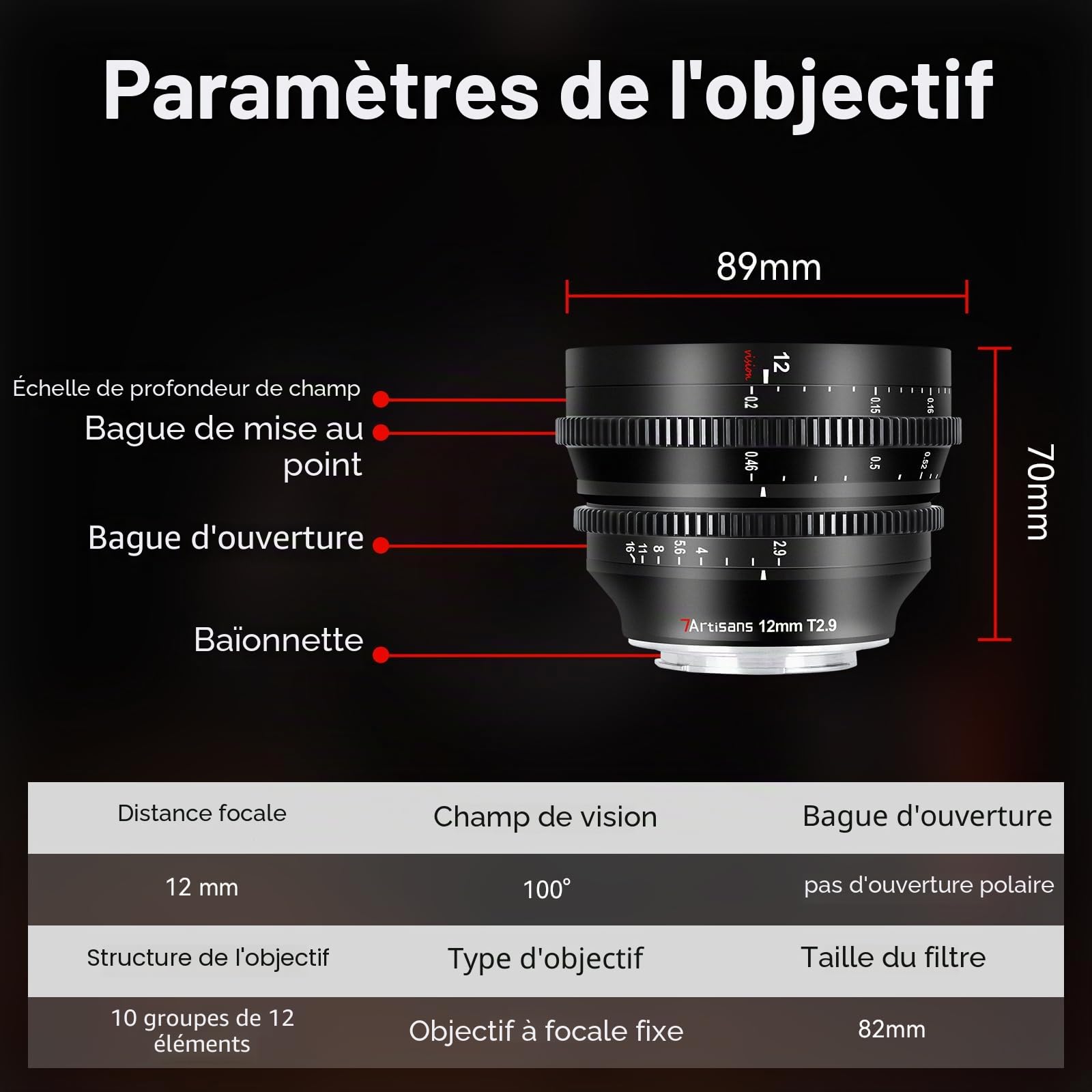 7artisans Objectif Cine 12 mm T2.9 Grande Ouverture APS-C Ultra Grand Angle, Mise au Point Fixe Manuelle à Faible Distorsion pour cinéma Compatible avec Sony E-Mount A6500 A9 NEX 5R