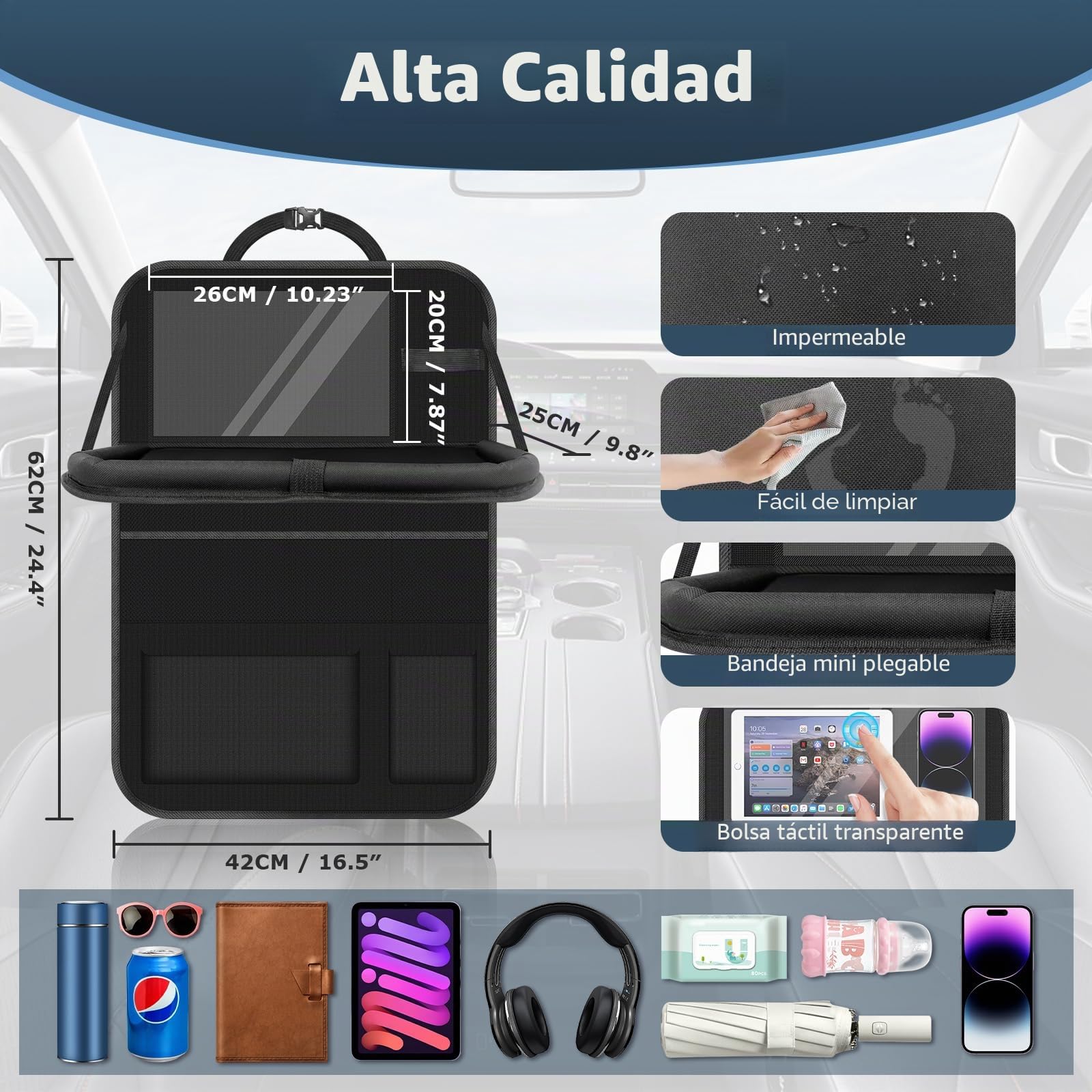 Organizador de asiento de coche, organizador de asiento de coche, protección para respaldo grande, para niños, multifuncional, resistente al agua, organizador de asiento trasero con mesa