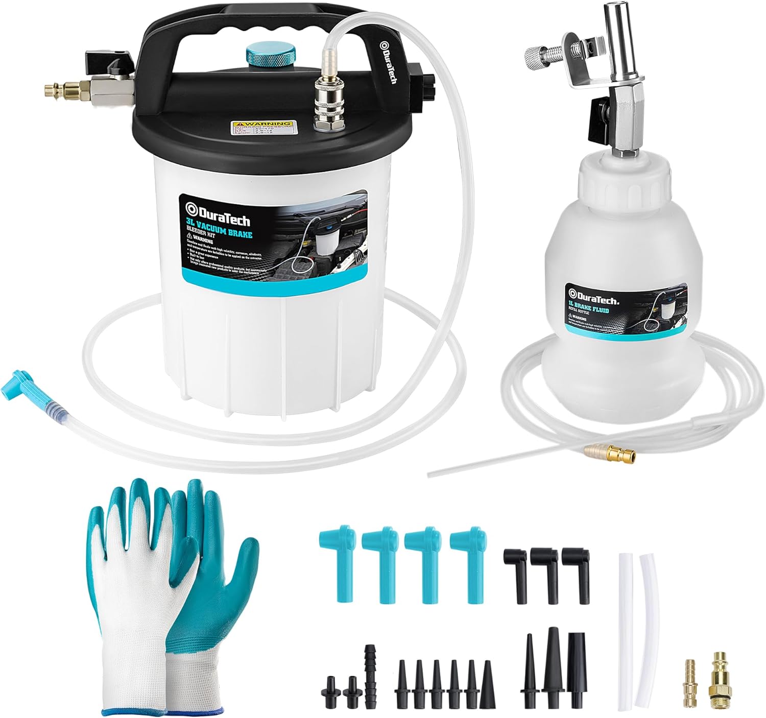 Product image of DURATECH 3L Pneumatic Brake Bleeder Vacuum Pump Kit, One Person Brake Bleeder Kit with Work Gloves and 23-Piece Adapters, Brake Flush Kit/Clutch Bleeder Kit for Cars, Motorcycles, SUVs, Light Trucks