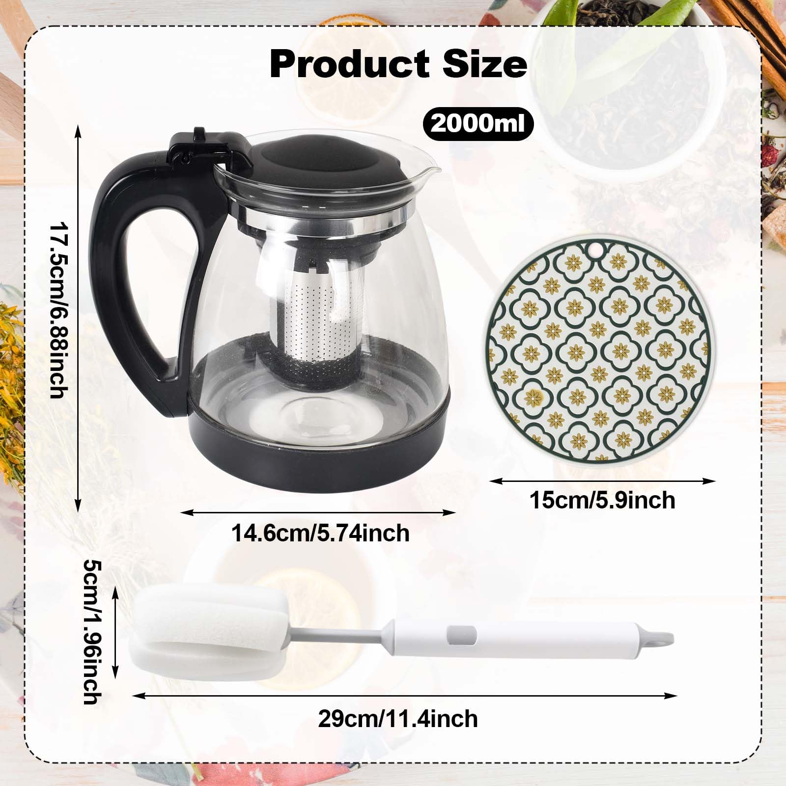 Teekanne Glas 2 Liter Hitzebeständig Glaskanne mit Siebeinsatz, Edelstahl Filter Sieb, Bürste, Wärmeisolierungspad - Tea Maker, Für Schwarztee, Grüntee, Kräutertee und Fruchttee