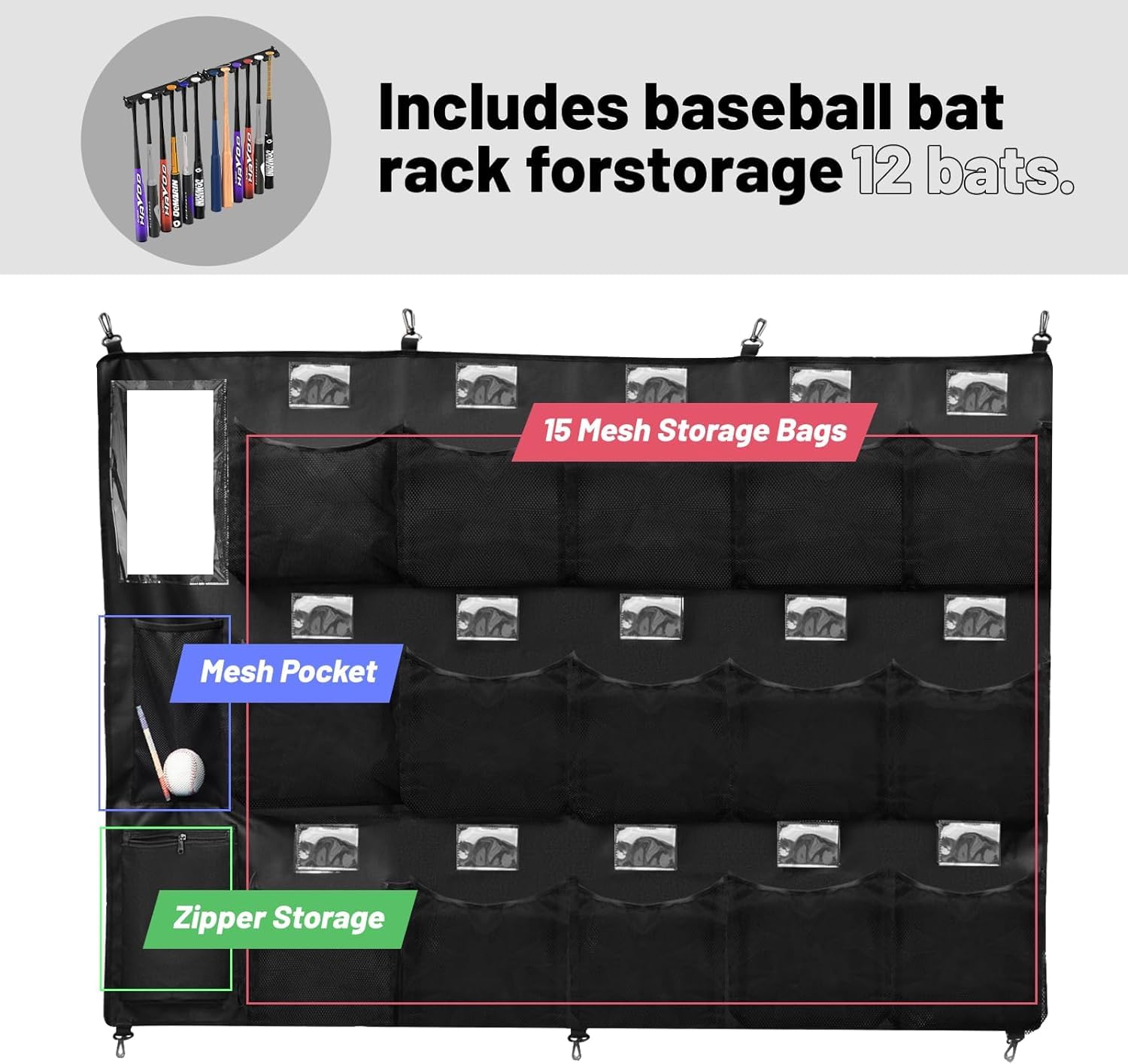 BOOSTEADY Set Completo Organizzatore per Caschi da Baseball con Rastrelliera per Mazze, Borsa di Trasporto e Targhette Nome, Sistema di Stoccaggio Pratico per l'Attrezzatura da Squadra