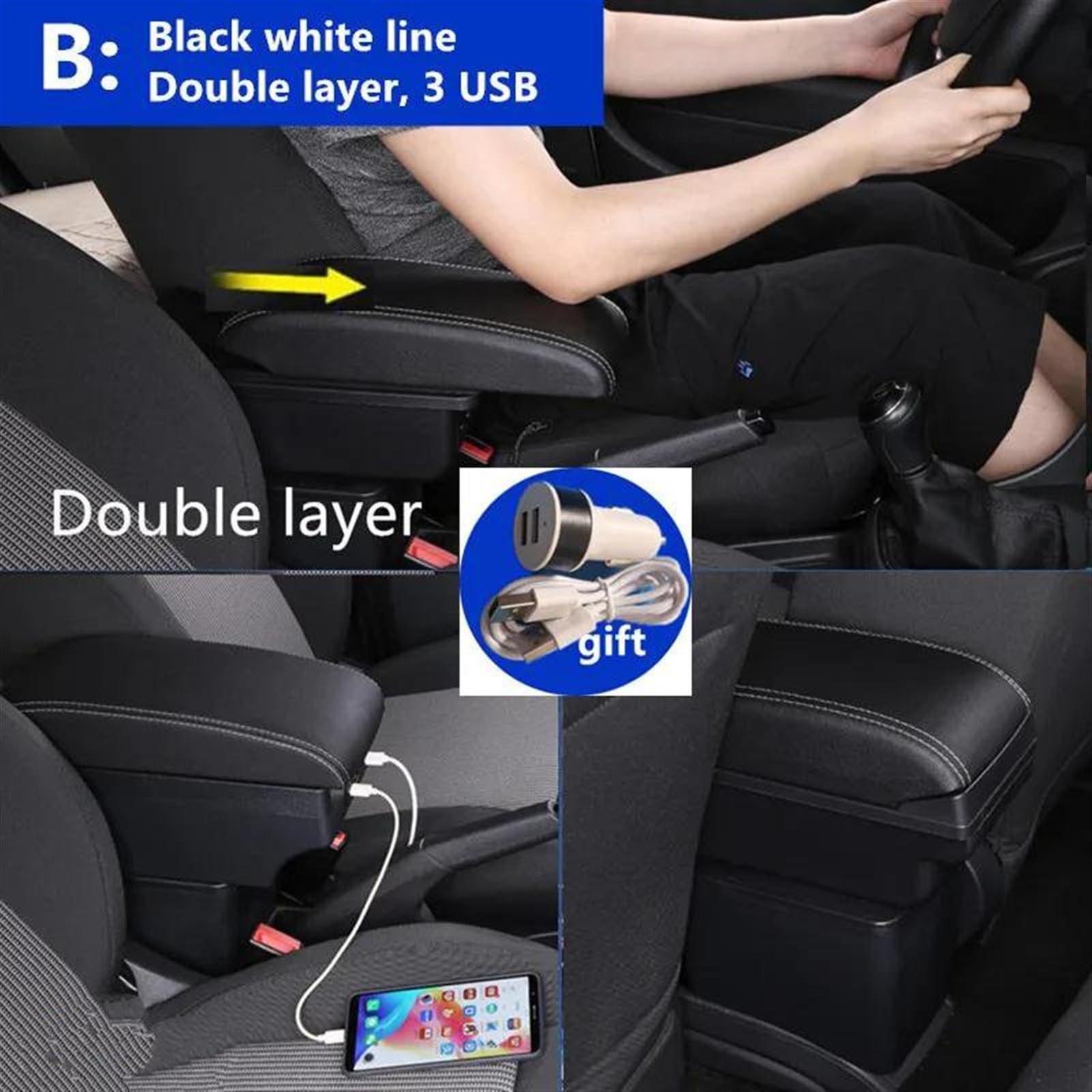 Boîte D'accoudoir Avec Support Multifonctionnel, Accessoires De Modification Intérieure Voiture Rembourrés En PU Pour C-elysee Console centrale(B2 Black white 3USB)