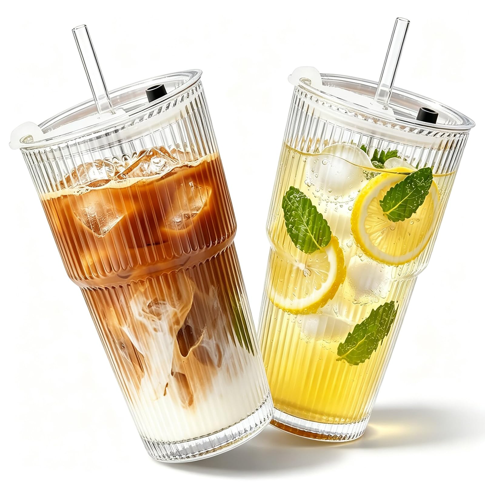 ZenoChill Ribbed Glass Tumbler 600ml Iced Coffee Cup Lid Straw Set 2