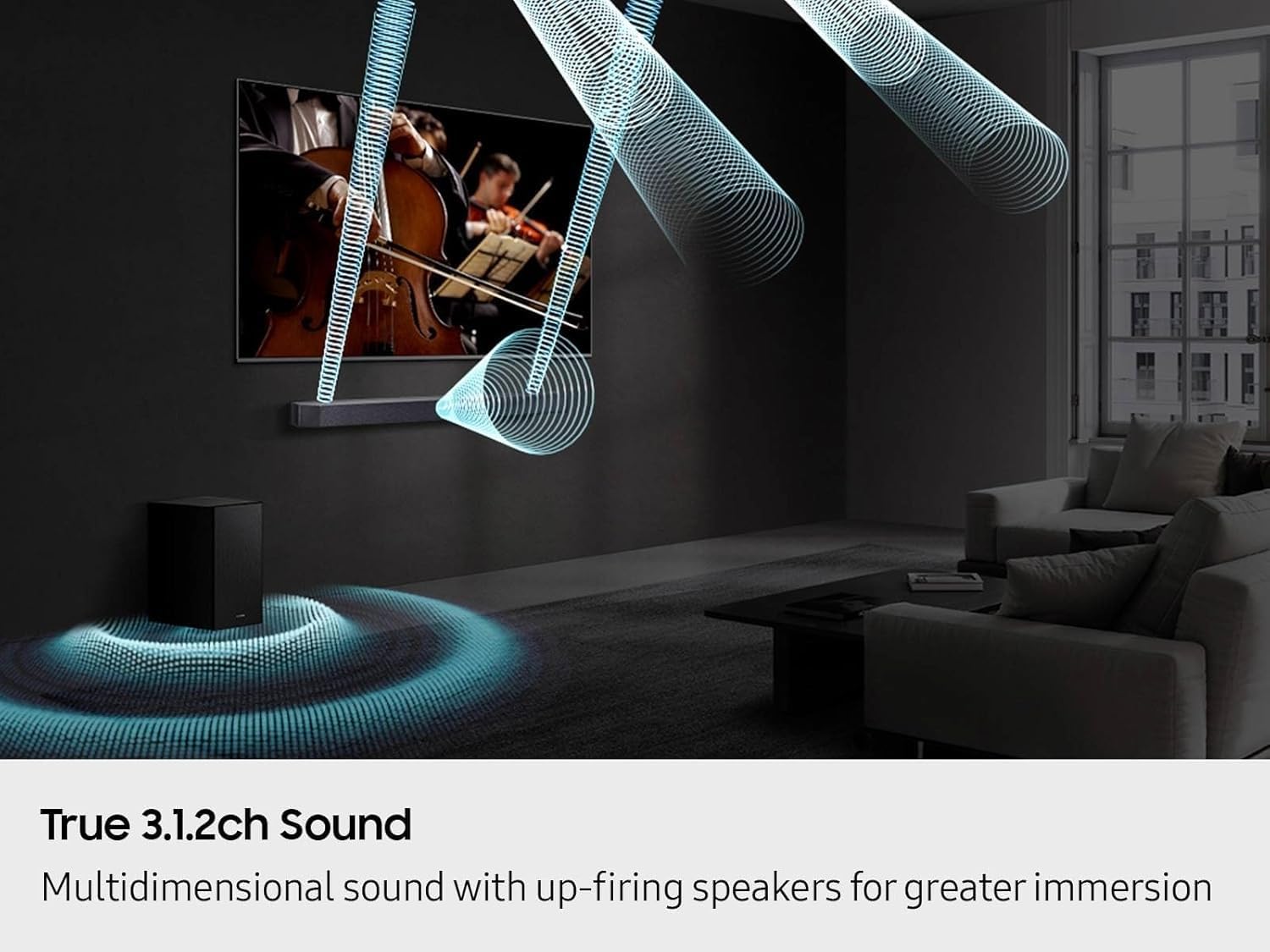 Samsung Q-Series HW-Q600F 3.1.2 Channel Soundbar with Wireless Subwoofer, Dolby Atmos, Q-Symphony, Adaptive Sound, Bluetooth Wireless Audio, Home Theater TV Sound Bar