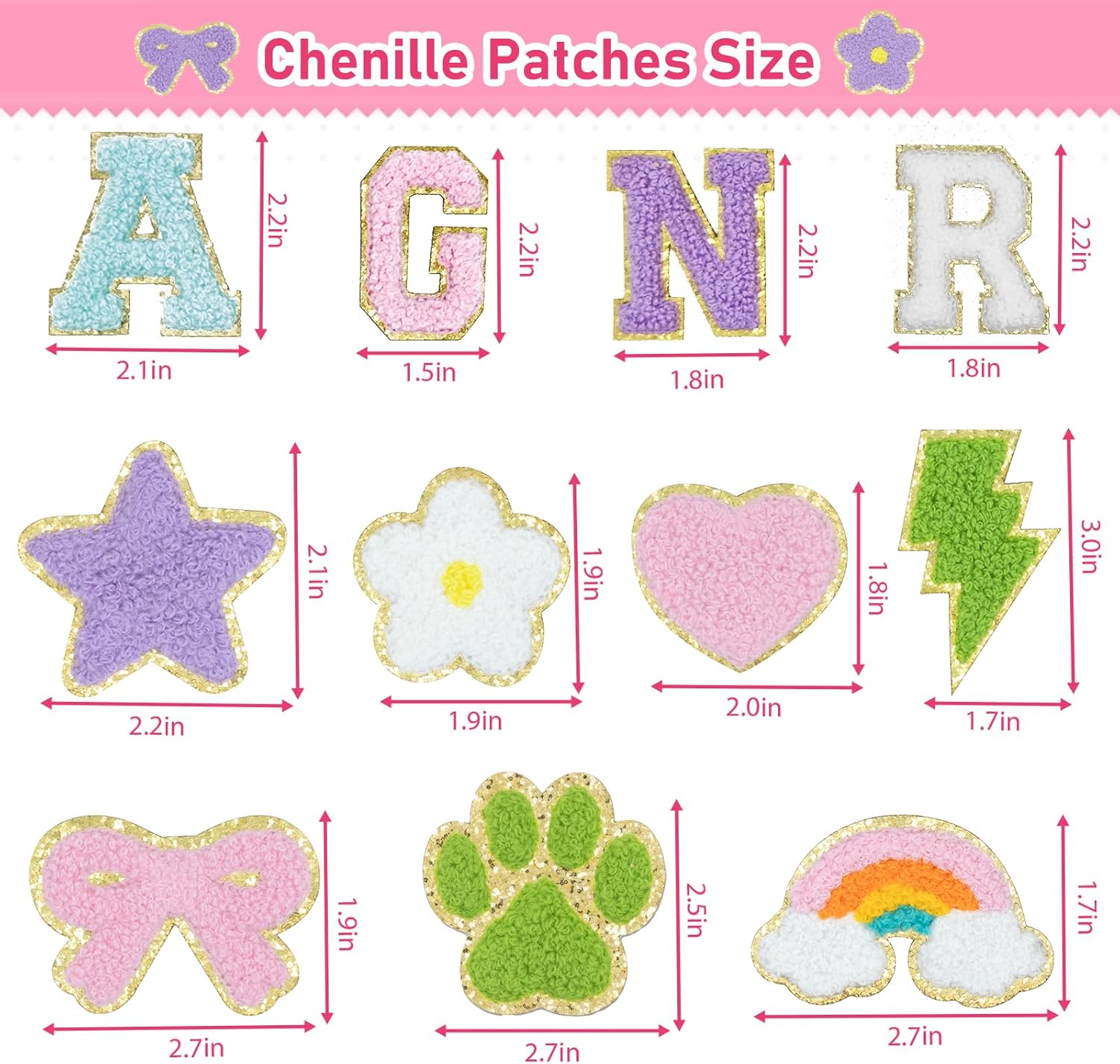 156 Pcs Chenille Letter Patches Self Adhesive Iron On Patches for Clothes,Include 104 A-Z Varsity Alphabet,52 Cute Pattern Chenille Patches for DIY Clothing,Bags,Hats,Embroidered Repair