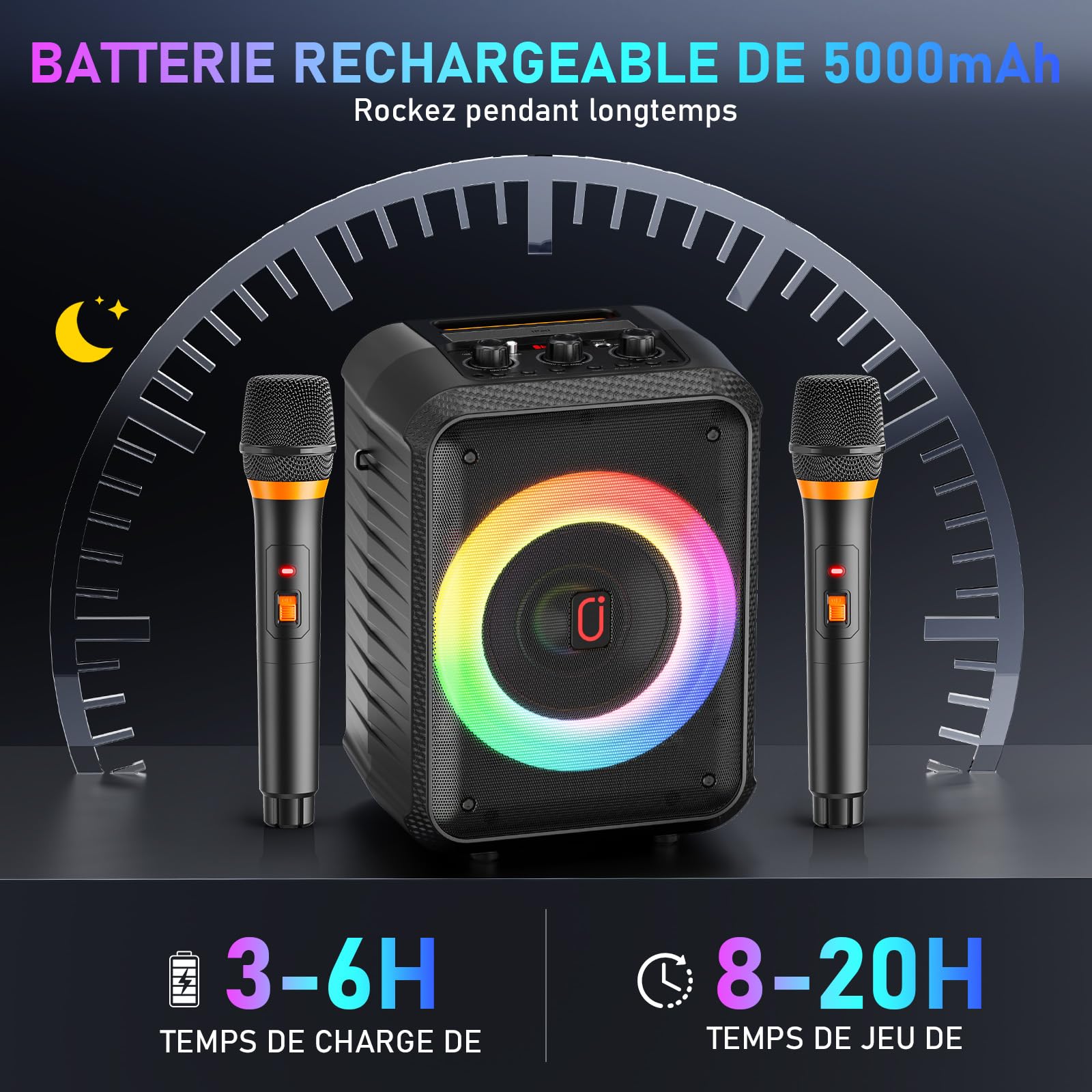 HWWR Karaoke Adulte, 120W Enceinte Karaoke 2 Micro sans Fil, Haut-Parleur Bluetooth Portable, Système de Sonorisation Professionnel avec Lumières LED pour Fête à Domicile, Support TF/USB/AUX/TWS