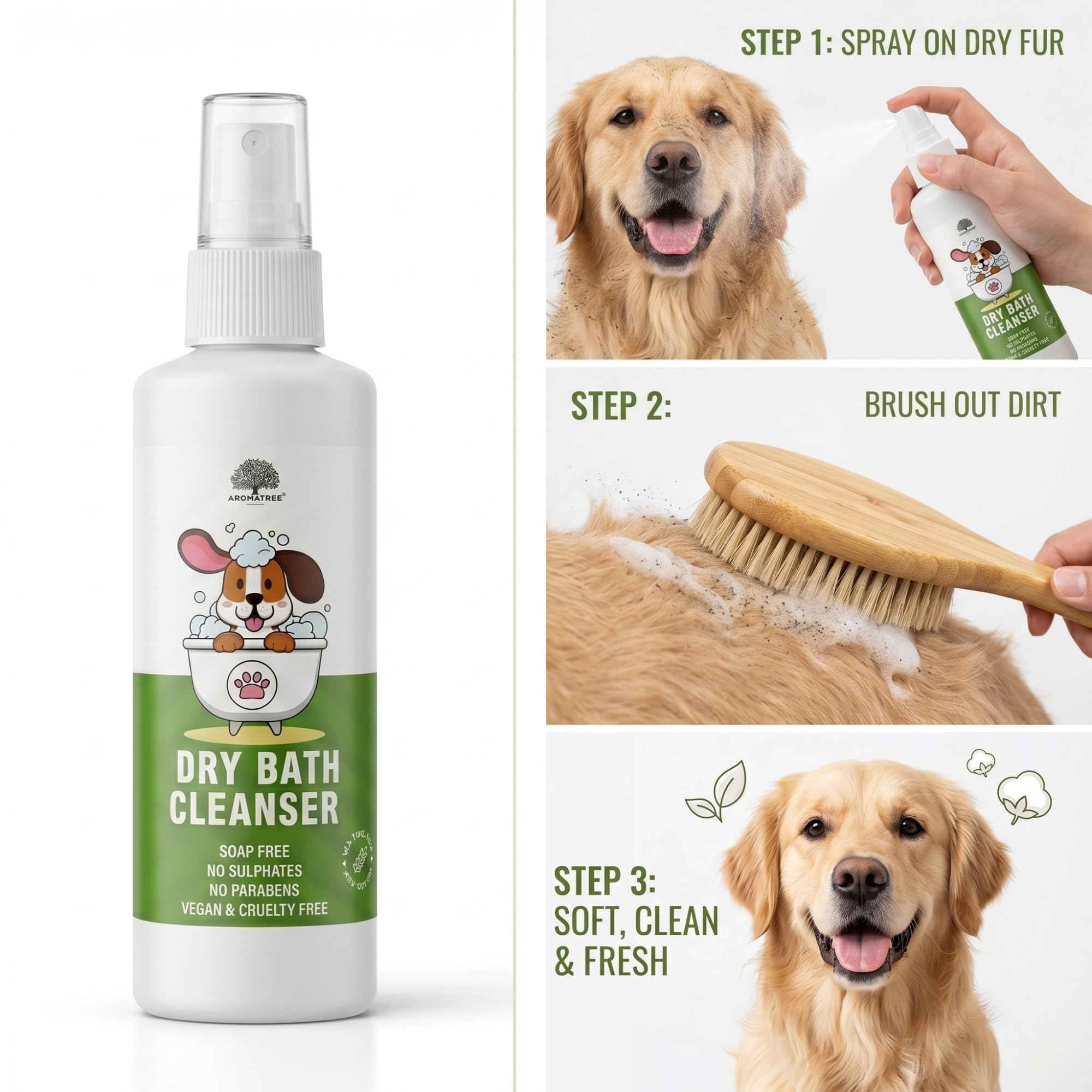 Aromatree Dry Bath Cleanser for Pets 200ml | Soap-Free & pH-Balanced Dog & Cat Spray | No-Rinse Pet Shampoo with Anti-Bacterial Tea Tree Oil | Quick Clean & Odor Removal 2