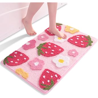 QJHOMO Pink Bathroom Rug Strawberry Bath Mat Non-Slip Washable Bath Mat Colorful Bath Mat Soft Microfibre Shower Mat Absorbent Bathroom Rug 45 x 65 cm