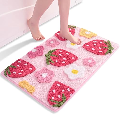 QJHOMO Tapis de bain rose fraise - Antidérapant - Lavable - Multicolore - En microfibre douce - Absorbant - 45 x 65 cm