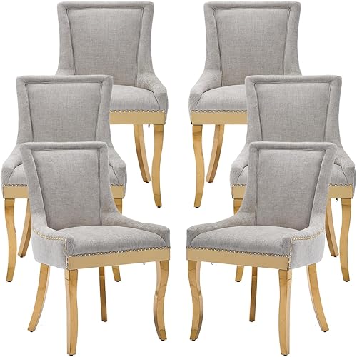 Miniatura 9 de Sillas de Comedor - Juego de 4 sillas de comedor modernas, tapizadas de tela con respaldo alto con ribete de cabeza de clavo y patas curvadas de 01