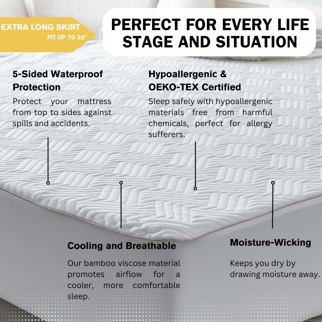 Protector de colchón impermeable de bambú de alta calidad, protección de 5 lados, hipoalergénico, certificado OEKO-TEX, transpirable, silencioso, se adapta hasta 18 pulgadas (matrimonial)