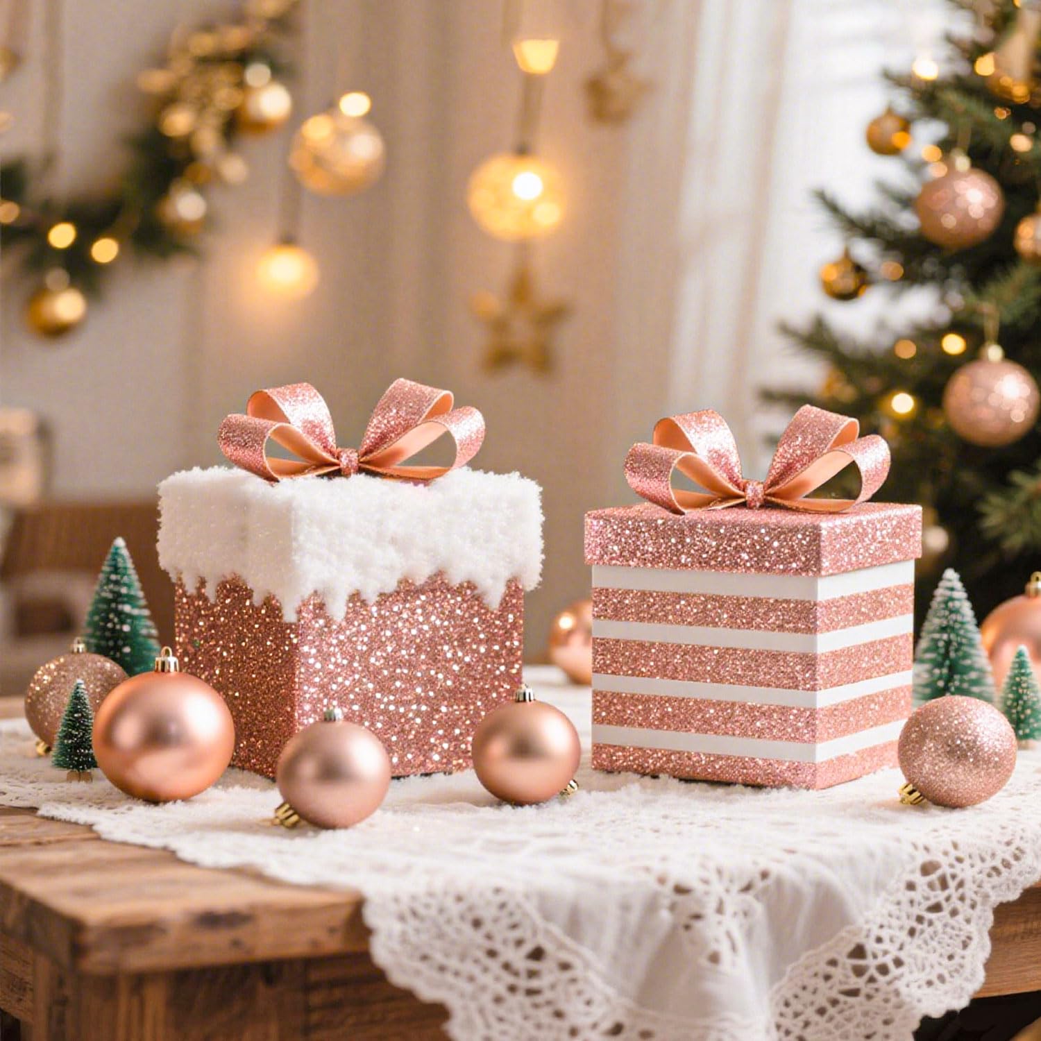 Weihnachtskugeln 101stück Kunstoff Christbaumkugeln Set, Christbaumkugeln Roségold Matt, Glänzend, Glitzernd mit Tannenzapfen Weihnachtsbänder für Weihnachtsbaum Deko Party, Haus Dekoration
