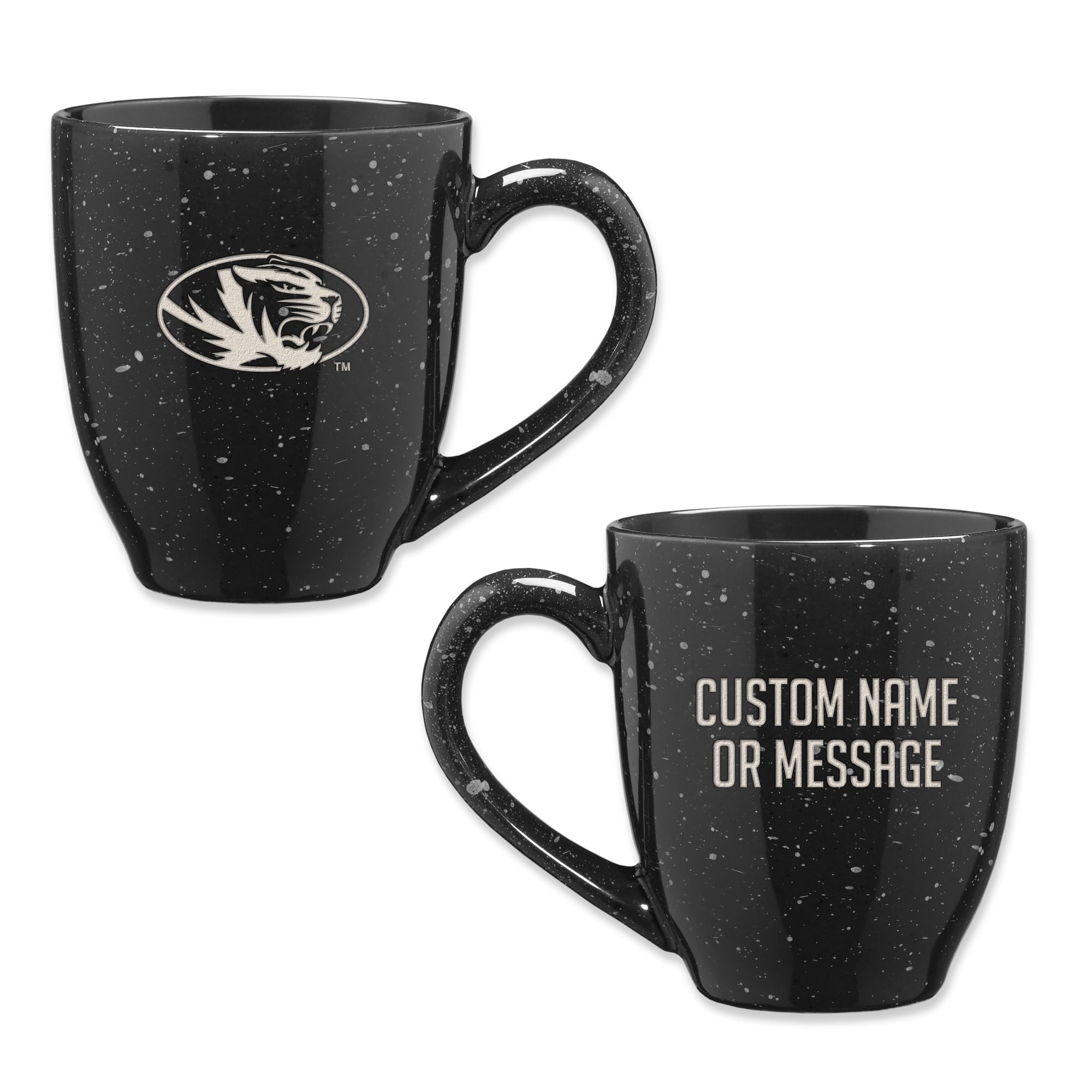 Rico Industries NCAA Missouri Tigers Black Personalized 16 oz Team Color Laser Engraved Speckled Ceramic Coffee Mug