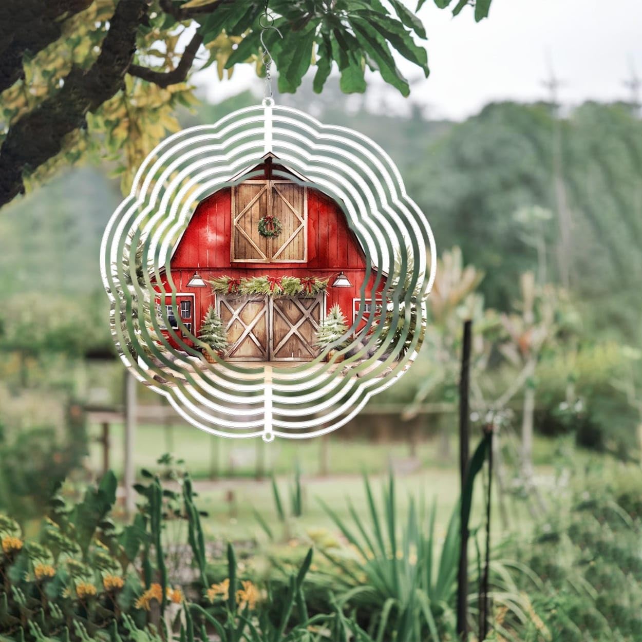 Red Barn Farmhouse Christmas Wind Spinners 3D Stainless Steel Laser Cut Metal Double Sided Printing-Hanging Indoor/Outdoor Decorations Yard Gardening Decor,Metal Kinetic Art 16x16 inches