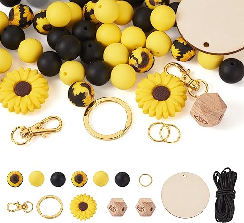 Pandahall - 66 cuentas redondas de silicona de girasol con octágono con cuentas de madera de ojo, llaveros con cierre de langosta, cordón elástico