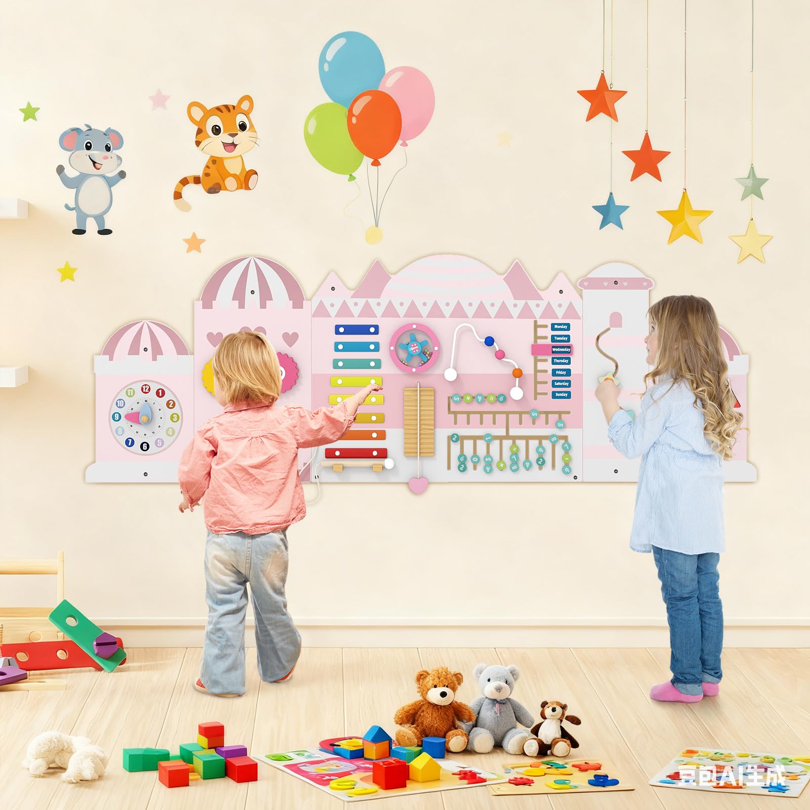 COSTWAY Montessori Motorikbrett, 11-in-1 Busy Board Holz mit Blöcken & Xylophon & Abakus, Montessori Spielzeug, Motorikboard für Kinder ab 1 Jahr