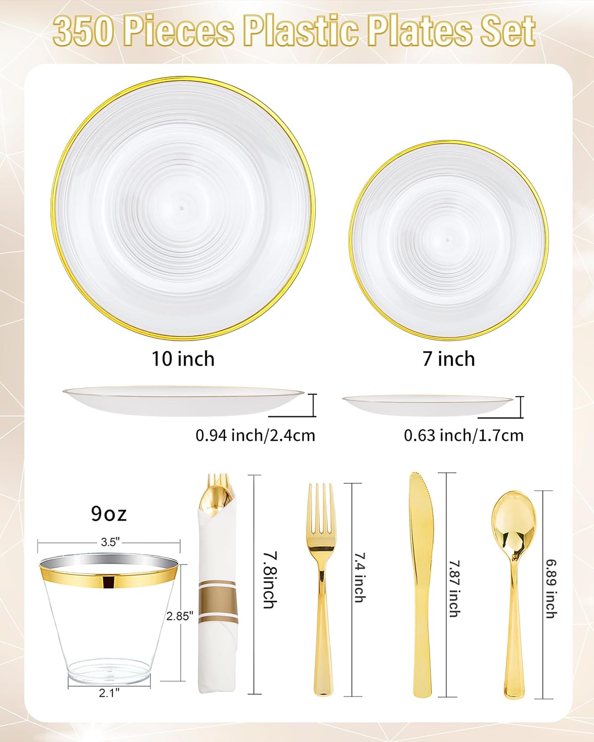 Morejoy 350PCS Pearl White and Gold Plastic Plates - Disposable Gold Party Plates & Pre Rolled Napkins with Cutlery for 50 Guests, 100Plates, 150Silverware, 50Cups, 50Napkin for Party & Thanksgiving - Image 3