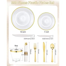 Morejoy 350PCS Pearl White and Gold Plastic Plates - Disposable Gold Party Plates & Pre Rolled Napkins with Cutlery for 50 Guests, 100Plates, 150Silverware, 50Cups, 50Napkin for Party & Thanksgiving
