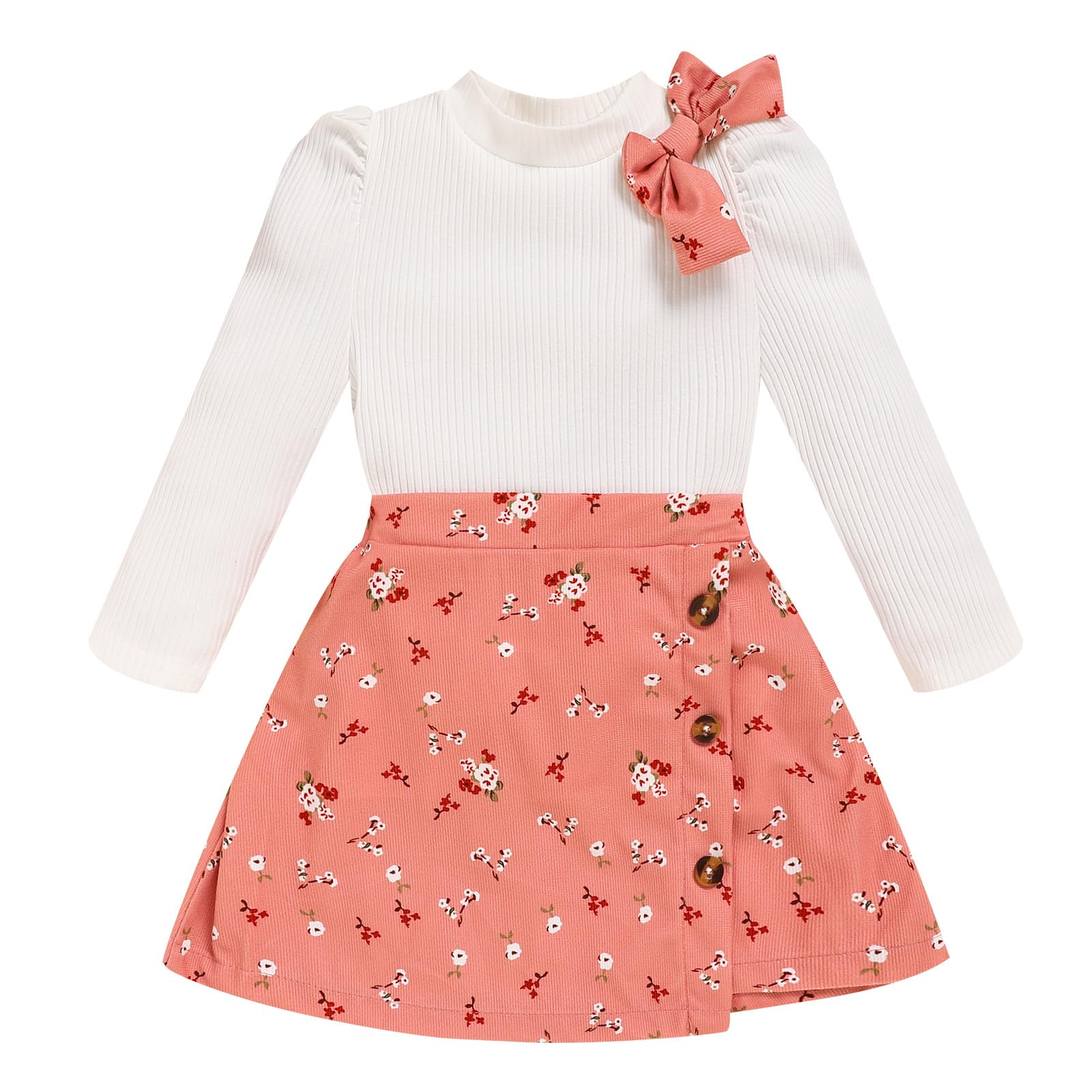 Toddler Girl Plaid Outfits Fall Winter Dress Knit Ribbed Bow Sweatshirt Tops and Button Fashion Skirts Set