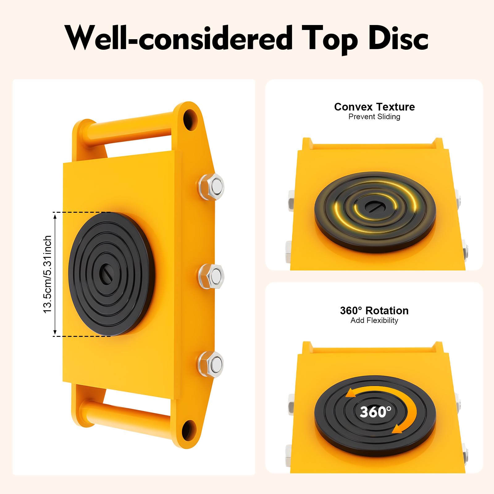Machinery Mover Dolly, 8T giallo carrello di trasporto attrezzi con 6 ruote antiscivolo, rotazione a 360 gradi