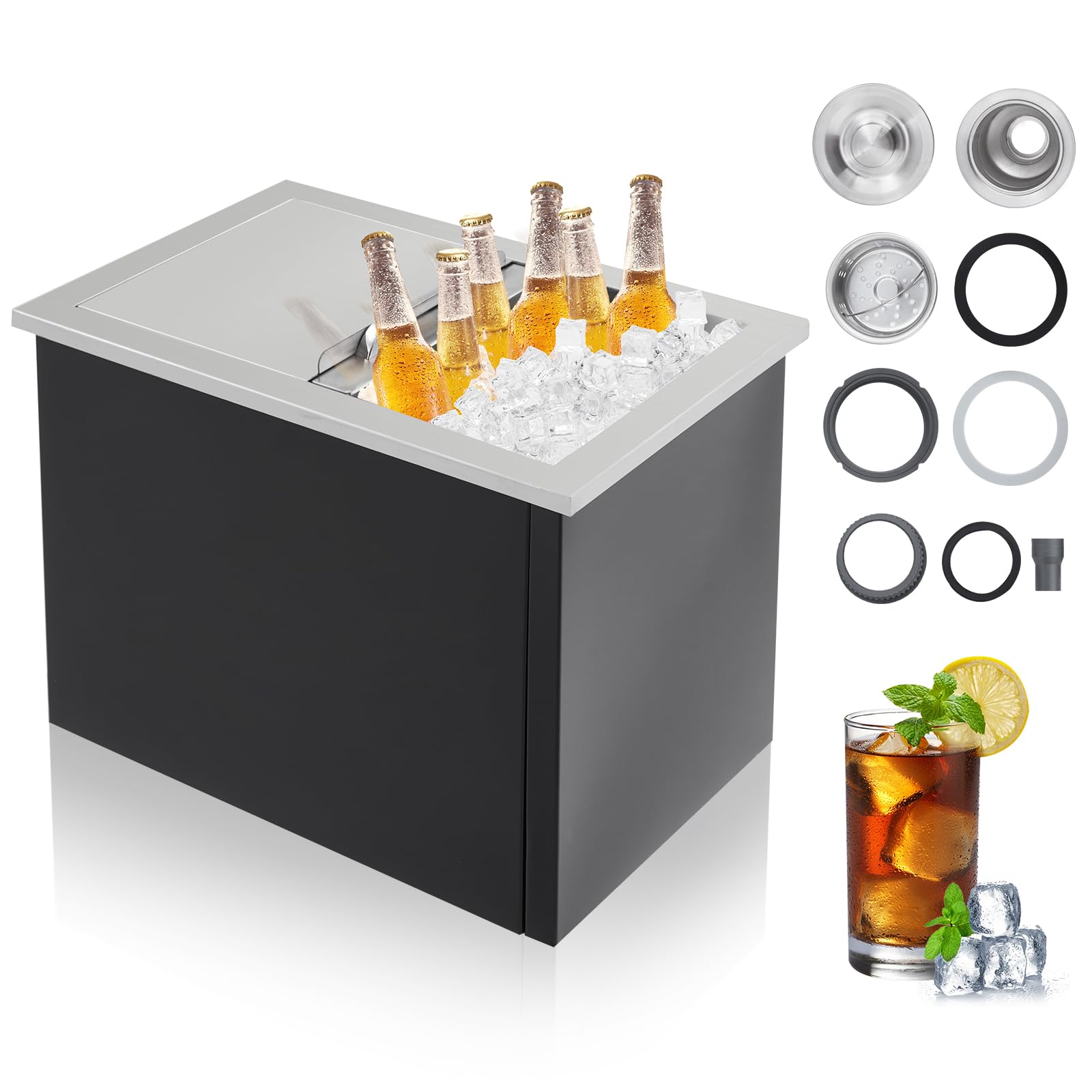 Garvee 26,5L Einbaubarer Getränkekühler Edelstahl– Drop-In Eisbox mit Schiebedeckel, Ablauf, 24h Isolierung für Outdoor-Küche, Bar & Party (18x12x14 Zoll, Schwarz/Silber)