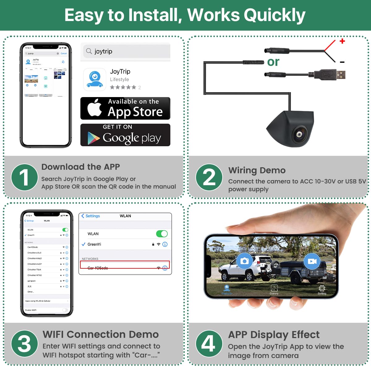 GreenYi Caméra de recul sans fil WiFi pour voiture, GreenYi 5G 720p HD, caméra de recul pour iPhone, iPad, smartphone Android, tablette avec grand angle de vue de 170 degrés