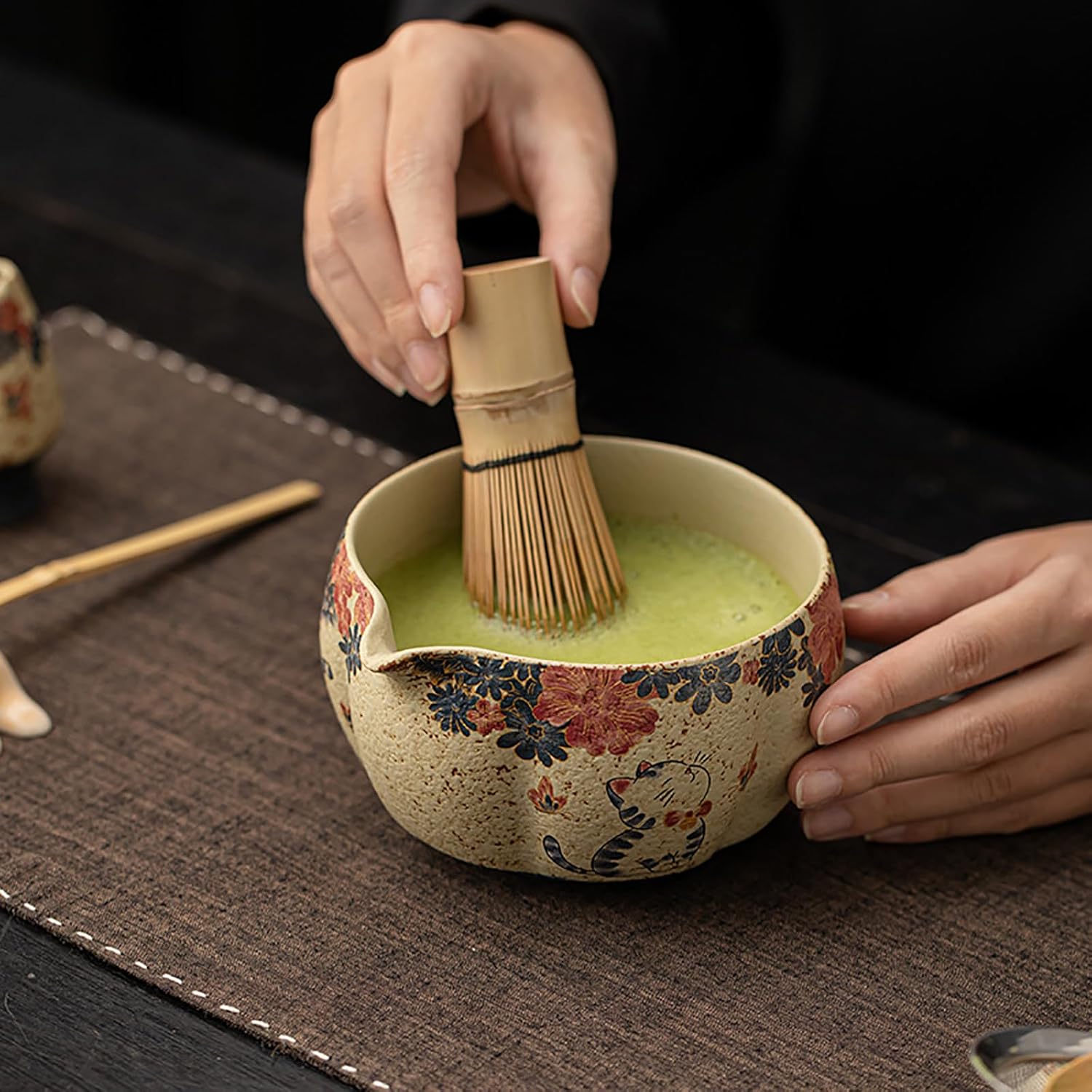 Matcha Set, 8-Piece Antique Pottery Ceremony Kit with Flame Blush Glaze, Gold Tracing, Bamboo Whisk & Chawan for Japanese Tea (Colour 1)