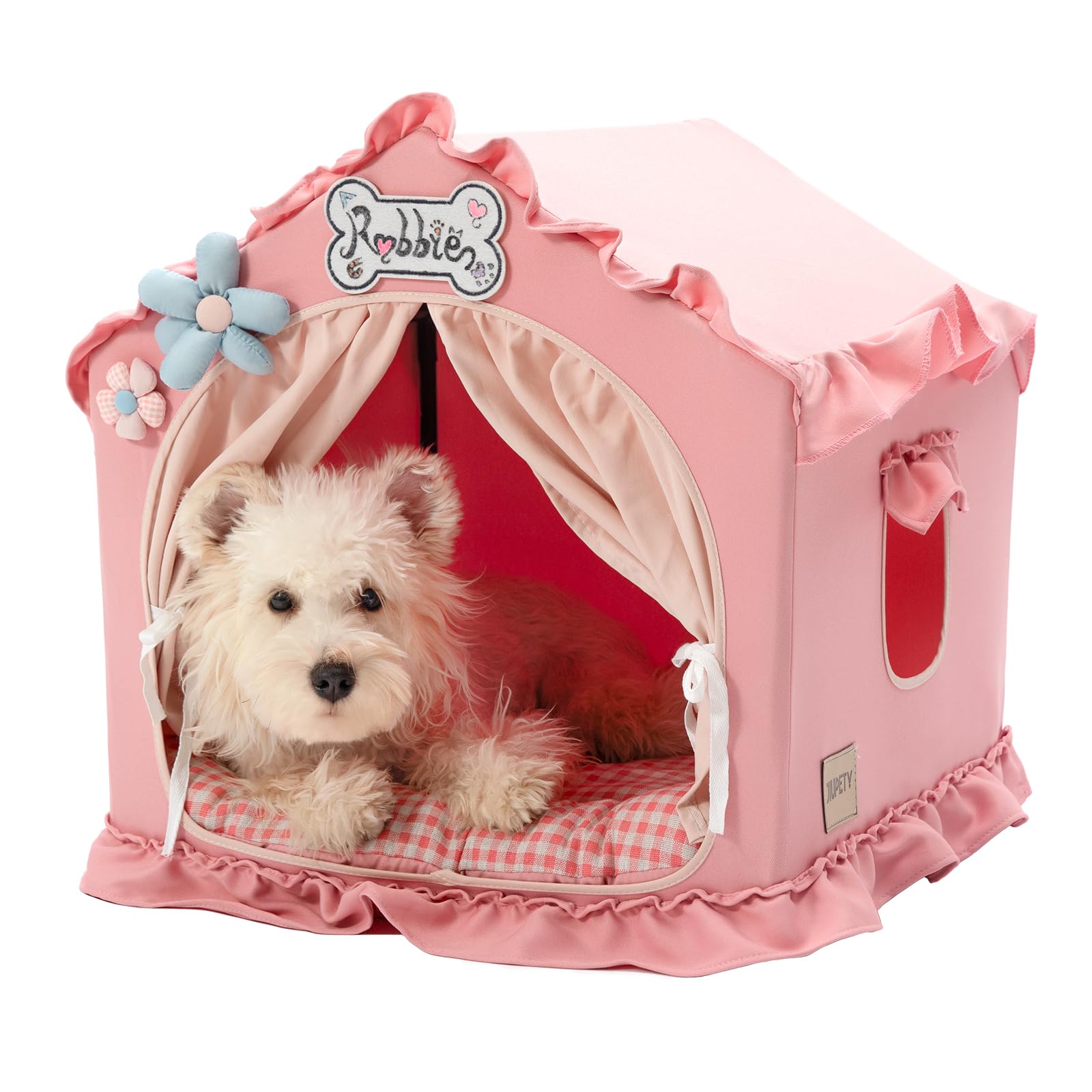 Jiupety Cuccia per cani con telaio, tenda per cani lavabile e pieghevole, casetta per cani per interni, lettino per cani ventilato con tetto per 4-9 kg, taglia M 43x43x43 cm, Rosa