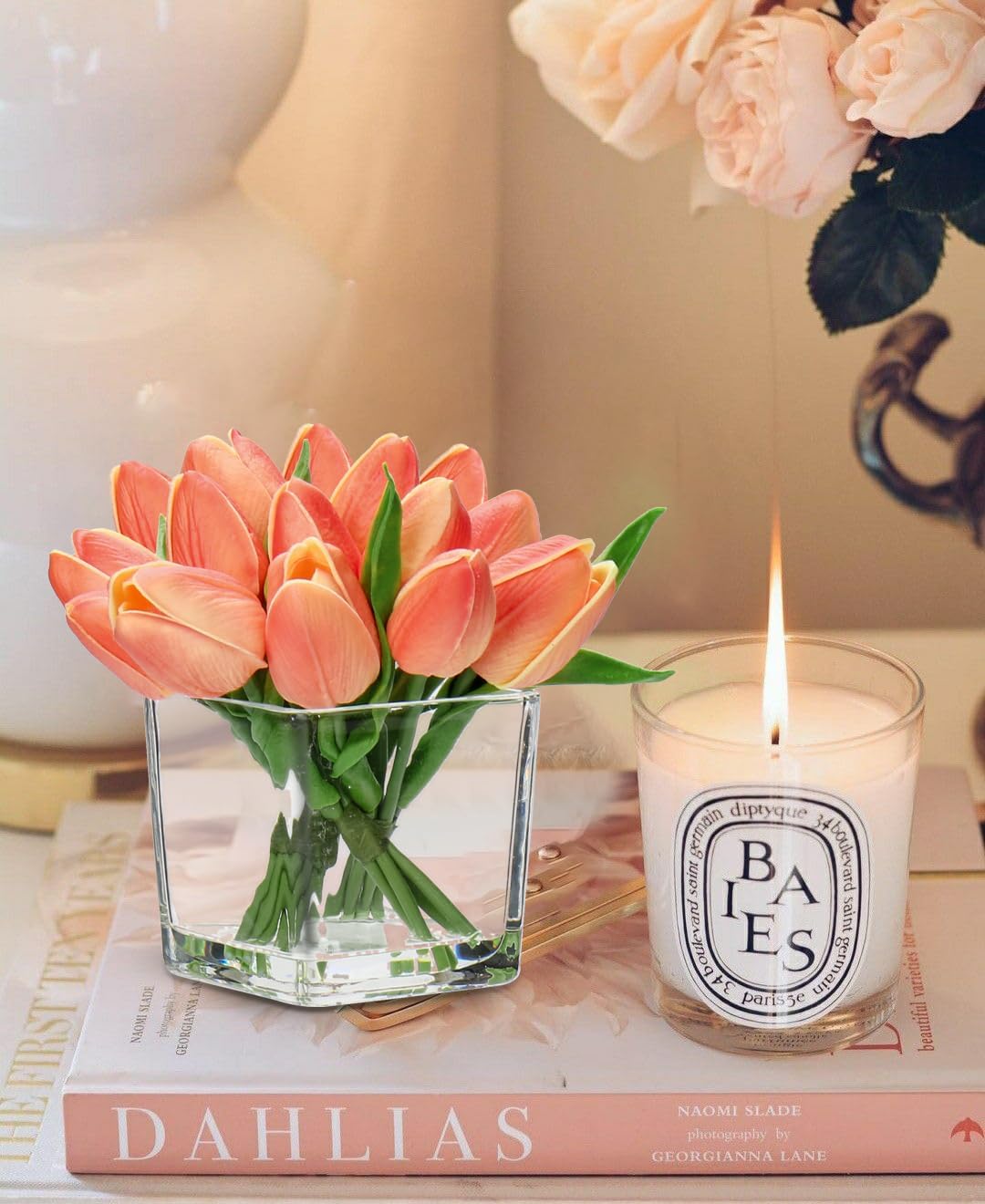 DILATATA Artificial Peach Tulips in Vase with Faux Water 5.5" Real Touch Flowers Fake Tulips Small Flowers Arrangement in Cube Glass Vase for Mother's Day Table Centerpiece Wedding Home Decor - Image 6