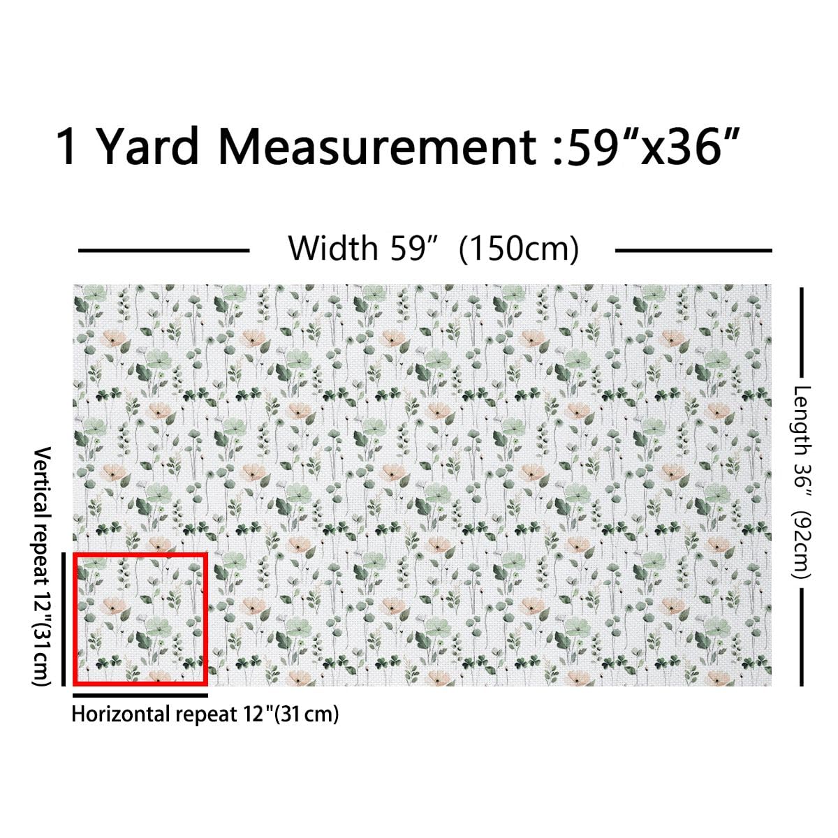 Loussiesd Tissu 276x150cm Aquarelle Floral Tissus au Metre Sage Vert Beige Fleur Tissus pour couture Moderne Textiles Tissu Blanc pour Ameublement Accessoires et Projets