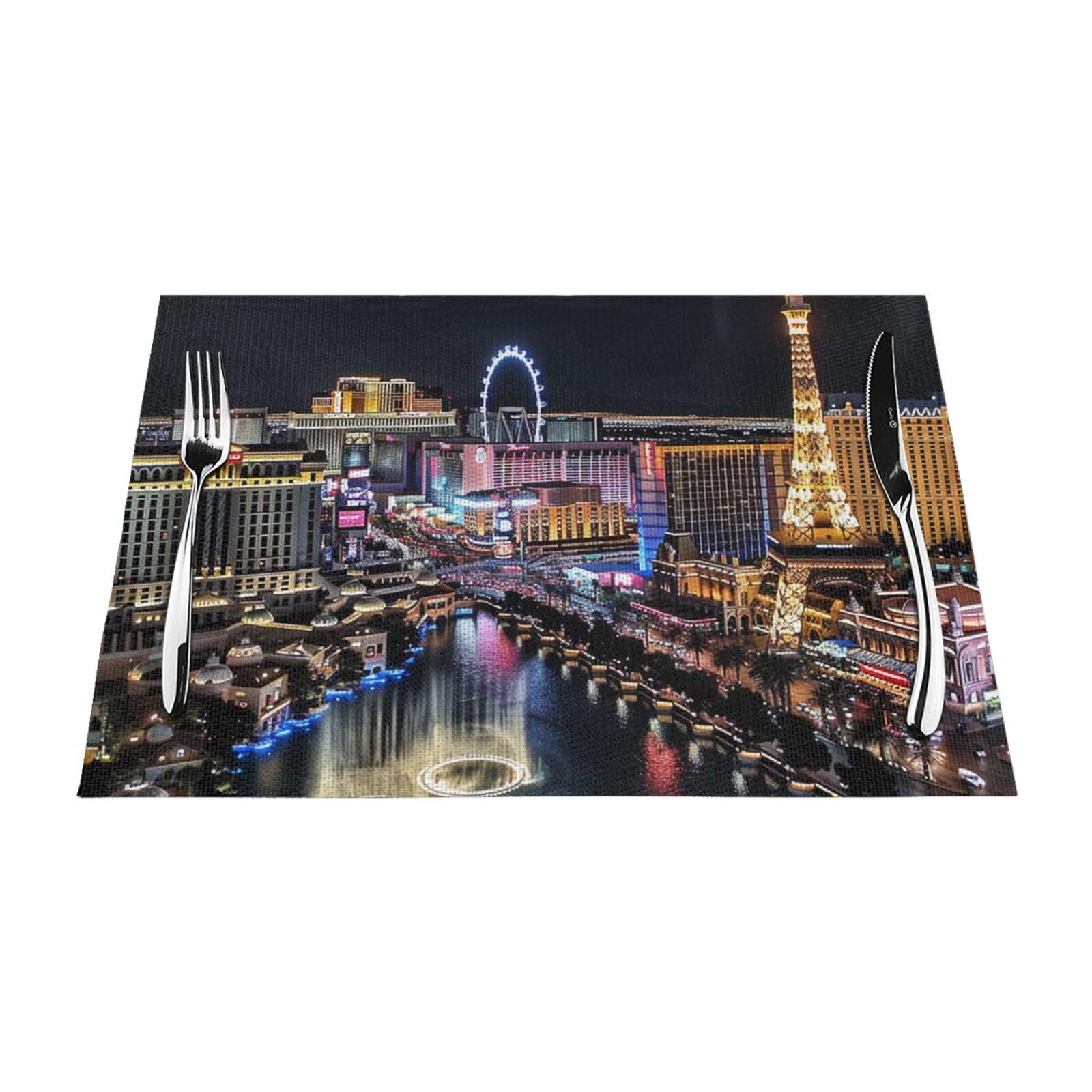Ykljg Black Las Vegas Night View Printed Placemats Set Of 4 Pcs, Pvc Woven Heat-Resistant Kitchen Dining Table Place Mats Indoor Outdoor Table Mats,45X30 Cm
