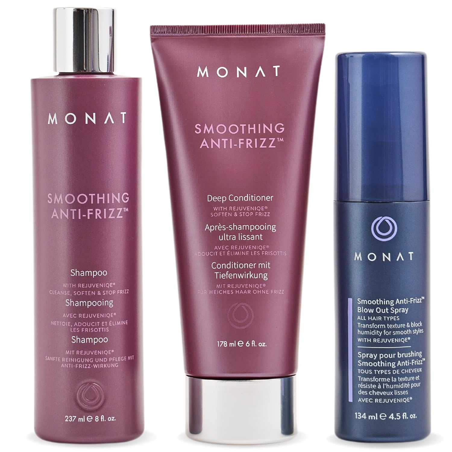 MONAT Smoothing Anti Frizz System – Frizz Resistant Hair Care with Anti Frizz Shampoo Frizz Control Conditioner & Blowout Styling Spray – Professional Hair Smoothing Hair Therapy for Frizz