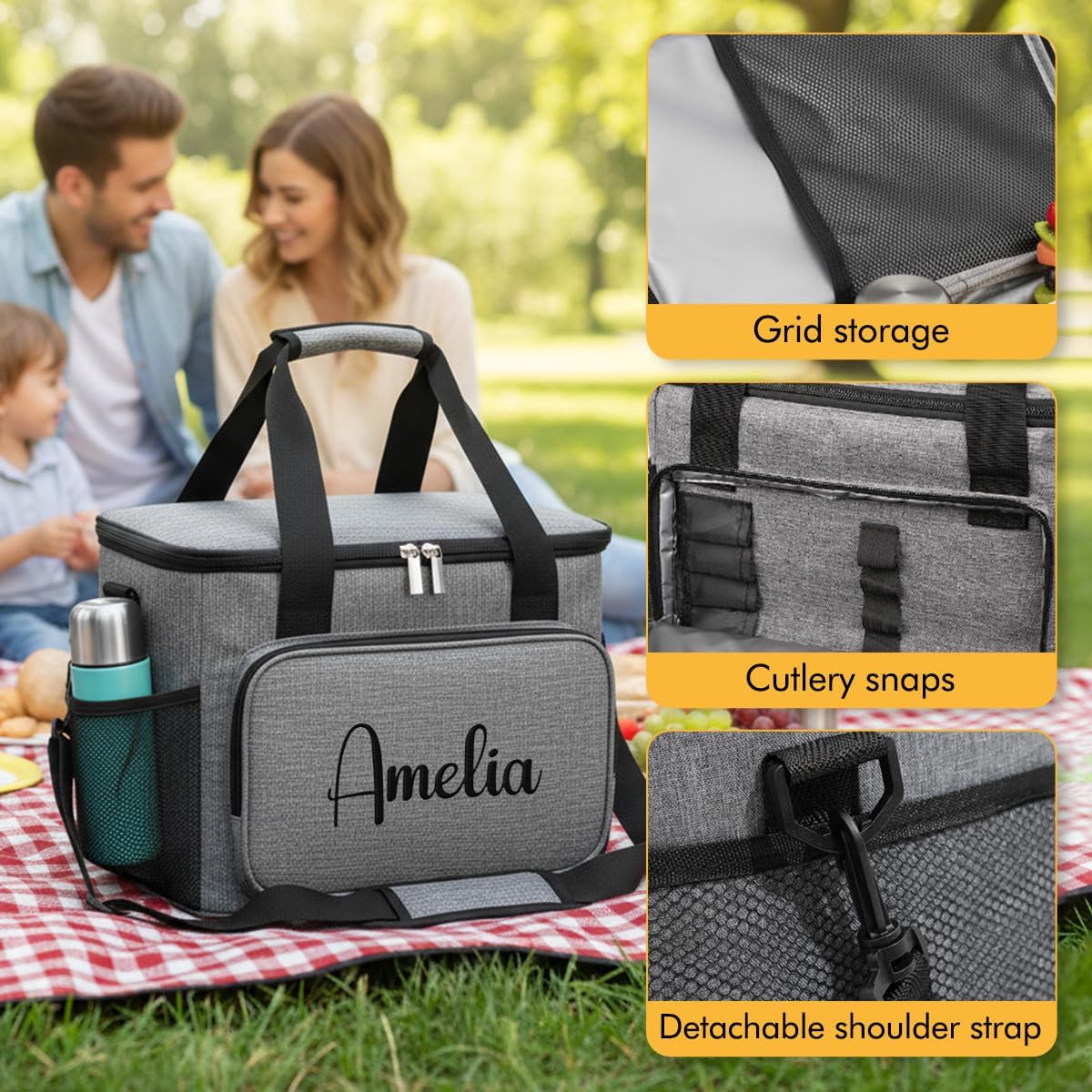 Ulico Personalized Insulated Lunch Bag, Custom Embroidered Name Lunch Box, Reusable Leakproof Lunch Tote for Men Women, Spacious 15L Lunch Bag for Office Work Picnic Travel (Black)