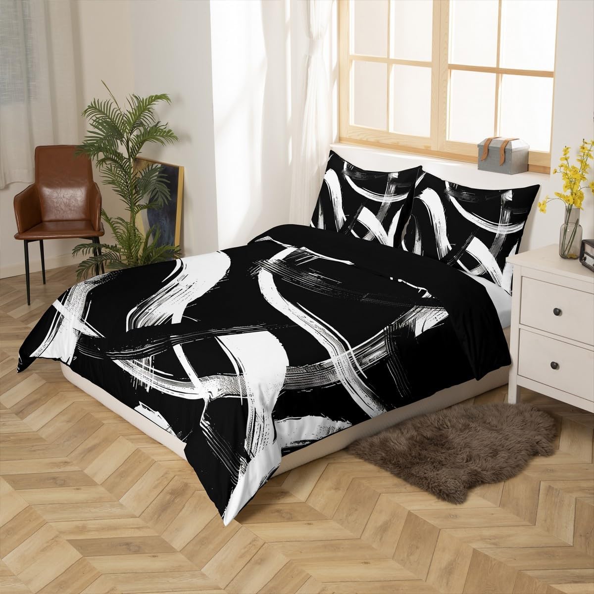 Manfei Black White Duvet Cover Set Full Size,Abstract Modern Simple Line Bedding Set 3pcs,Geometric Aesthetic Quilt Cover,Kids Boys Girls Room Decor,2 Pillowcases,No Comforter