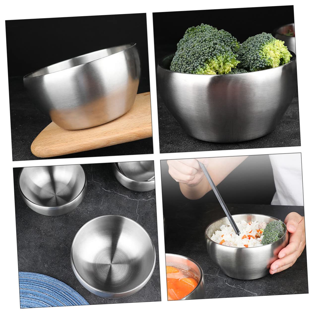 VINTORKY 4pcs Double Layer Stainless Steel Noodle and Rice Bowls Silver Soup Bowl for Kitchen Dishwasher Safe for Meals Camping and Outdoor Use