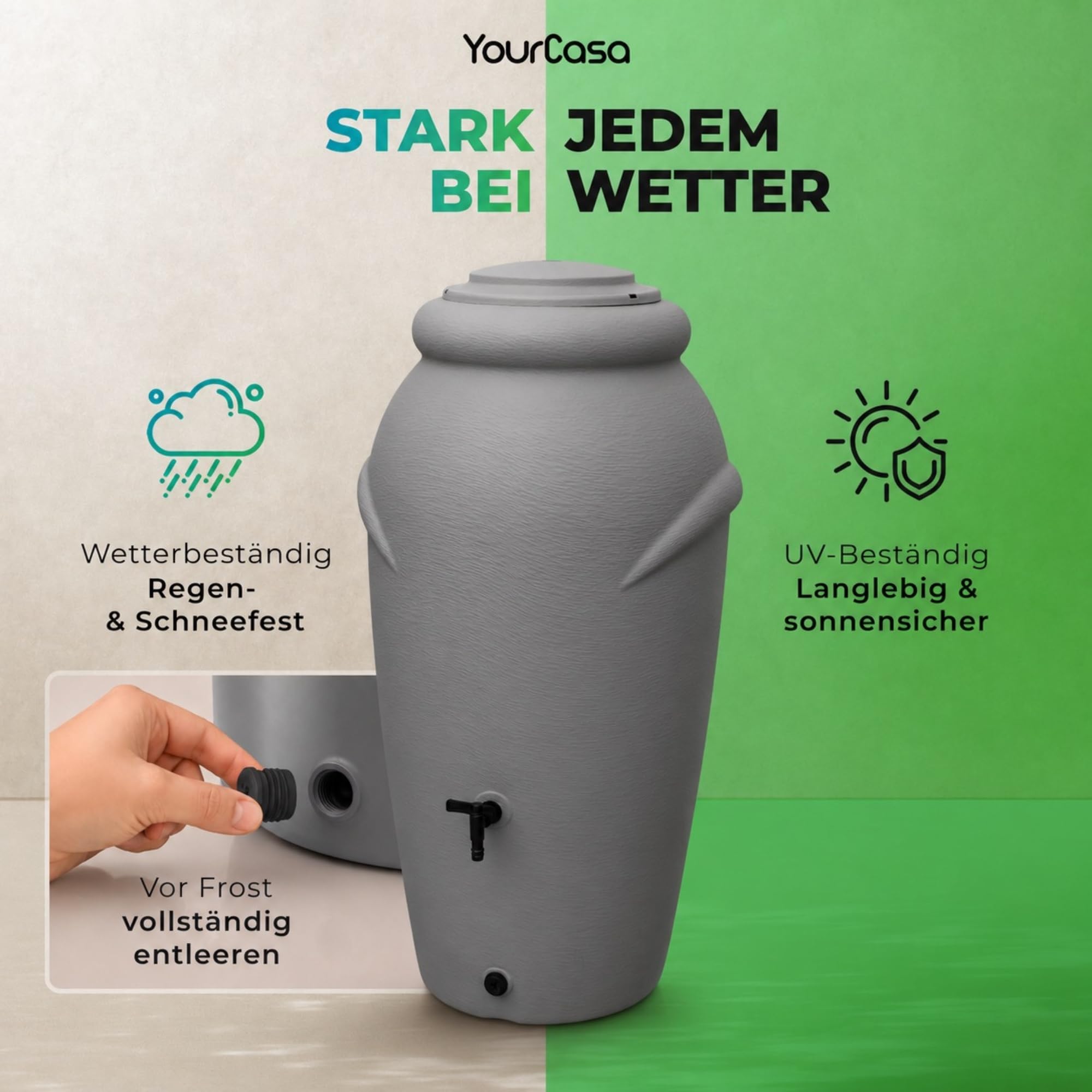 YourCasa Regentonne 210 Liter [Amphore Design] Regenfass Frostsicher aus Kunststoff - Regenwassertonne mit Wasserhahn - Regenwassertank Garten Regenwassersammler Wasserfass Wassertonne (Terracotta)