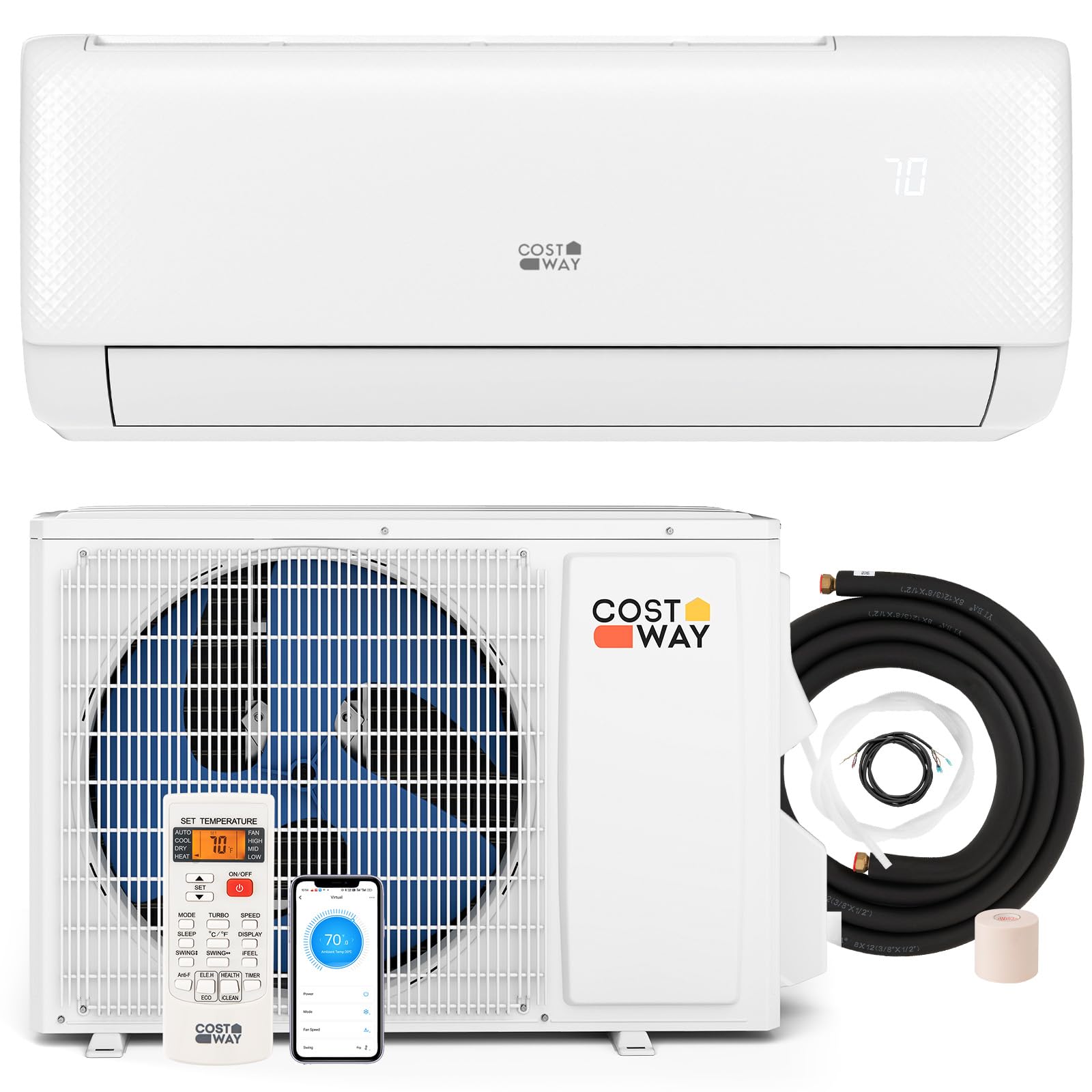 COSTWAY 9100 BTU Wifi Enabled Mini Split Air Conditioner, with Heat Pump, 20.5 SEER2 115V Inverter, 24H Timer, Auto Clean, Remote Control for Rooms up to 450 Sq.Ft (Airtural Series)