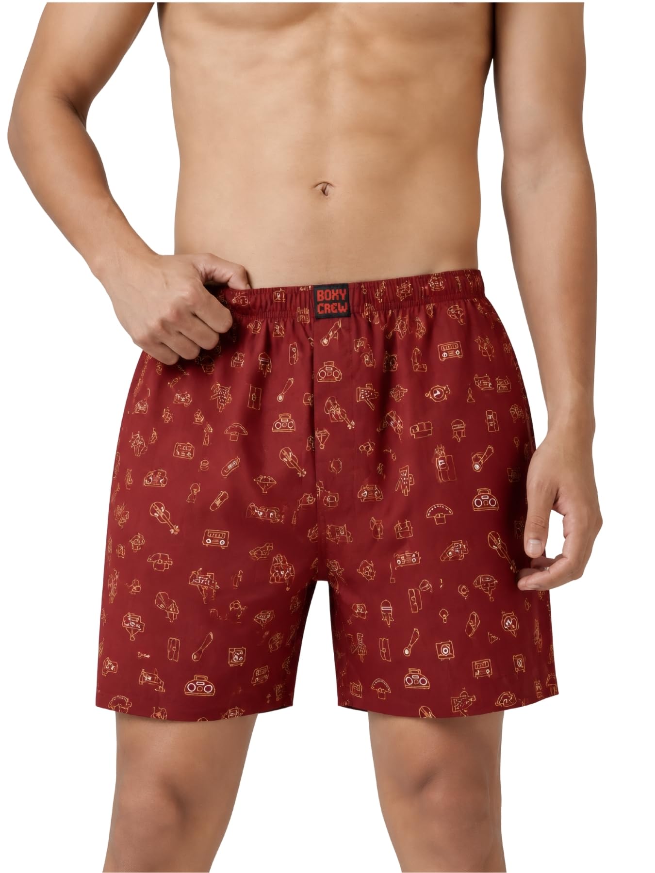 Men's Printed 100% Cotton Boxer Shorts | No-Mark Soft Elastic Waistband | Regular Comfort Fit with Dual Side Pockets & Button Fly | Brick Red_050-picture-16