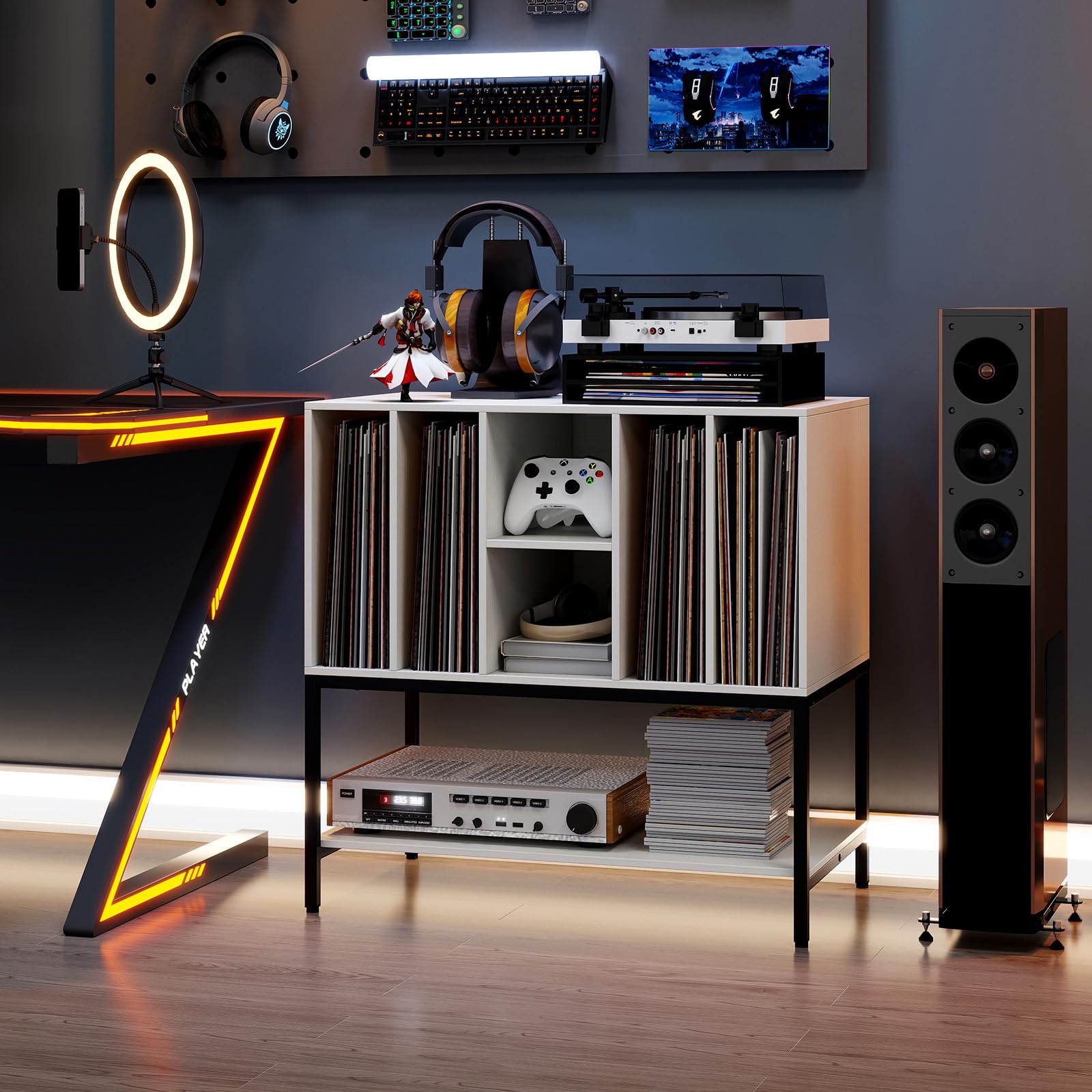 GIANTEX Support pour tourne-disque avec 6 compartiments et étagère ouverte, armoire pour disques vinyles avec station de charge, 80 x 45 x 79,5 cm, meuble de rangement pour salon, chambre (blanc)