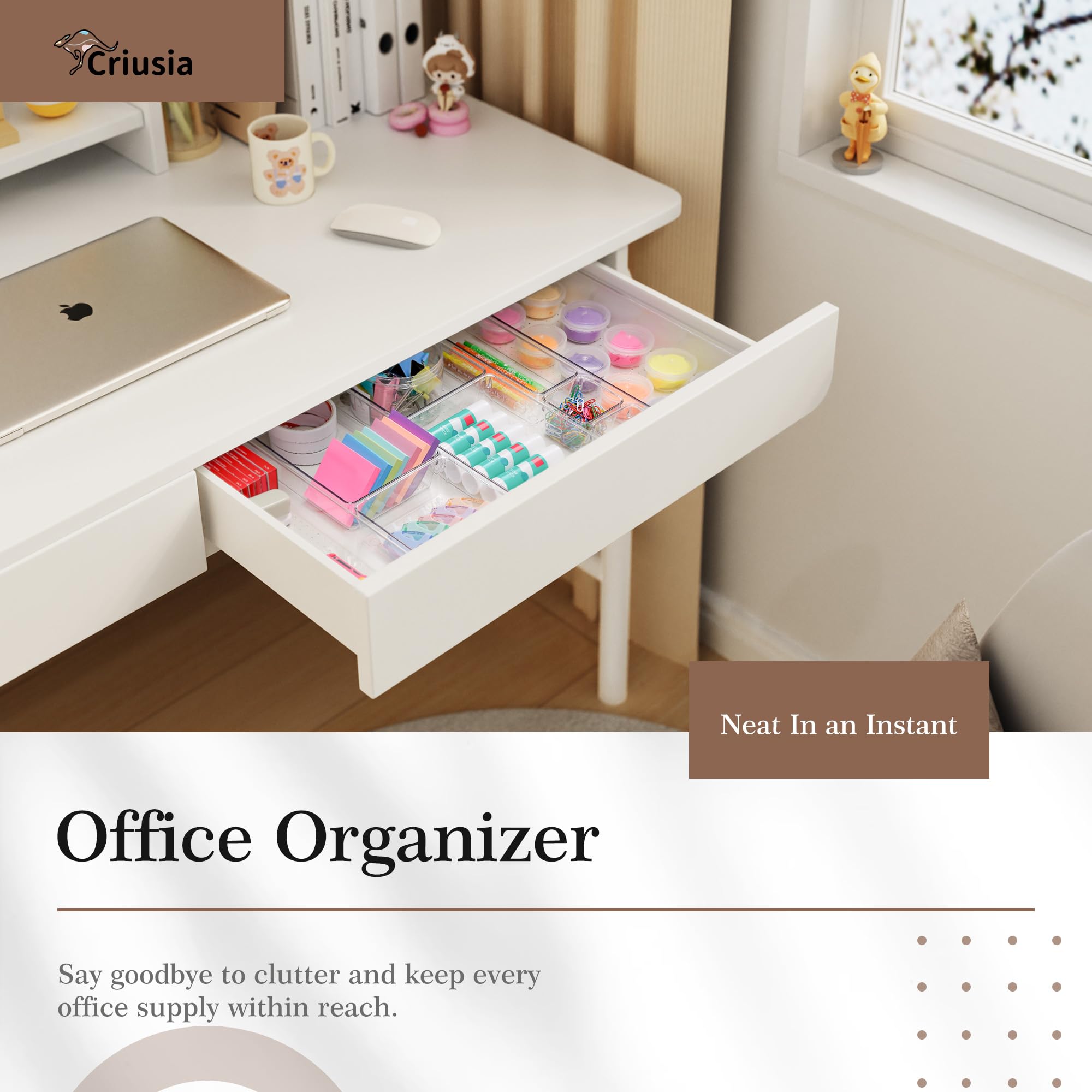 Criusia Set di 11 organizer per cassetti in plastica trasparente, 5 vassoi versatili per cucina e bagno, contenitori antiscivolo per trucchi, utensili, utensili e scrivania da ufficio