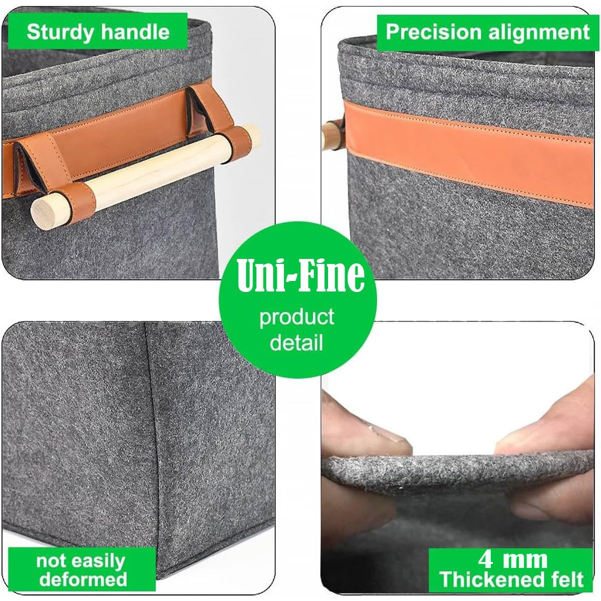 Uni-Fine - Cesta de madera de fieltro (42 x 32 x 32 cm, 43 L, cesta de leña con asa, cesta de fieltro extragruesa, también se puede utilizar como cesta de almacenamiento para compras y periódicos)