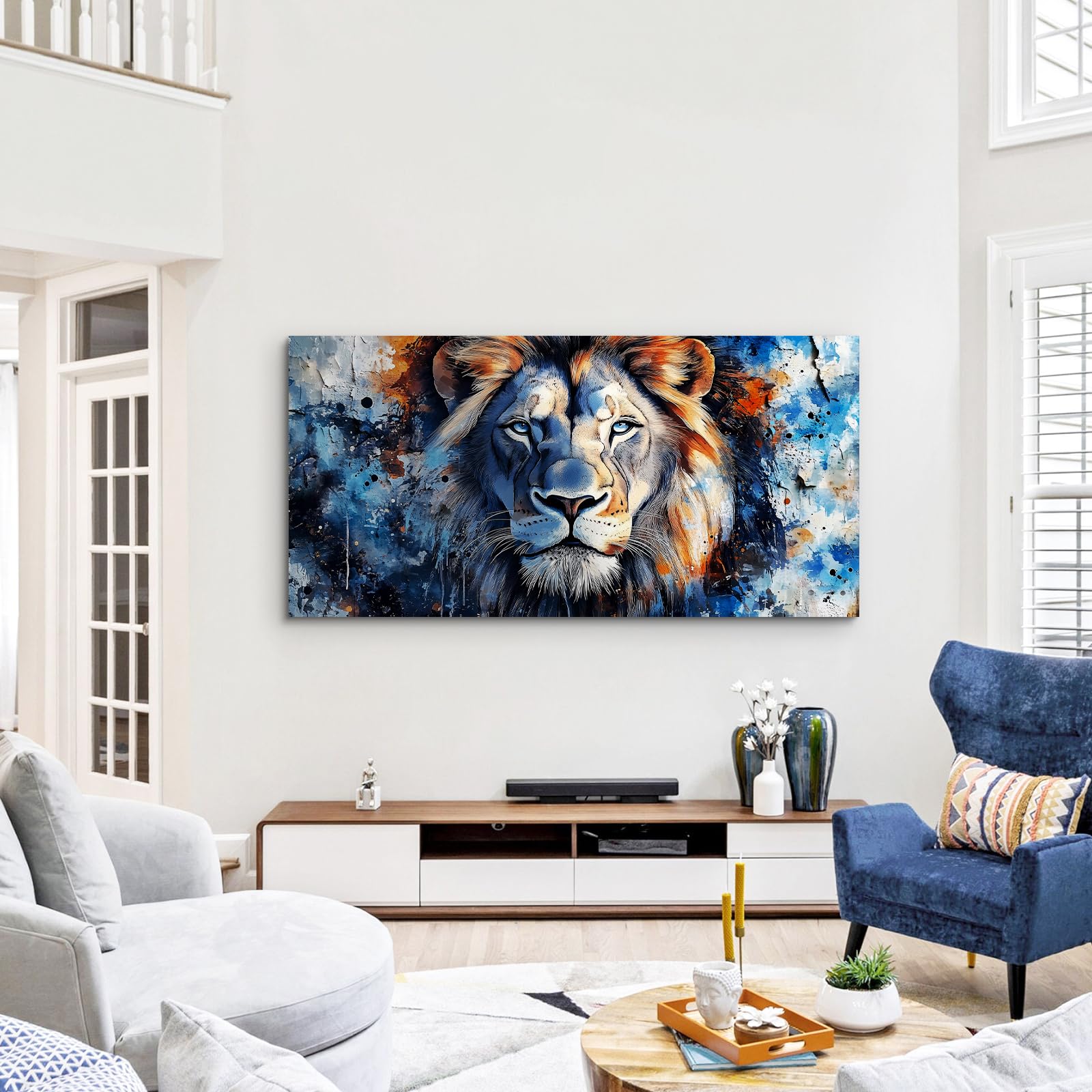 hyidecorart Quadri Moderni Soggiorno Grandi 73x146 cm XXL, Quadro Camera da Letto Su Tela, Stampe da Parete Sguardo Selvaggio di un Leone, Animale Decorazioni Parete Sala Da Pranzo Bagno Ufficio