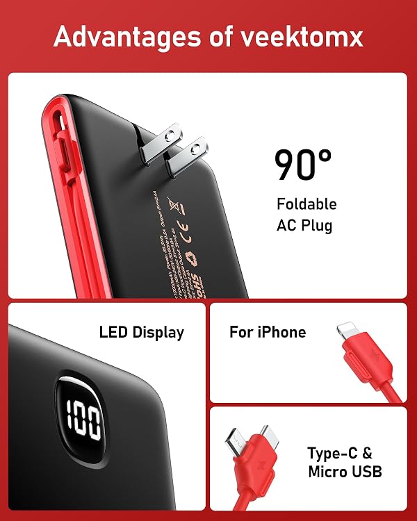 VEEKTOMX Portable Charger with Built in Cables 10000mAh, Power Bank for iPhone with AC Wall Plug, Fast Charging USB C Slim Battery Pack with LED Display Compatible with iPhone 17/16/15/14, Samsung by VEEKTOMX - Image 8