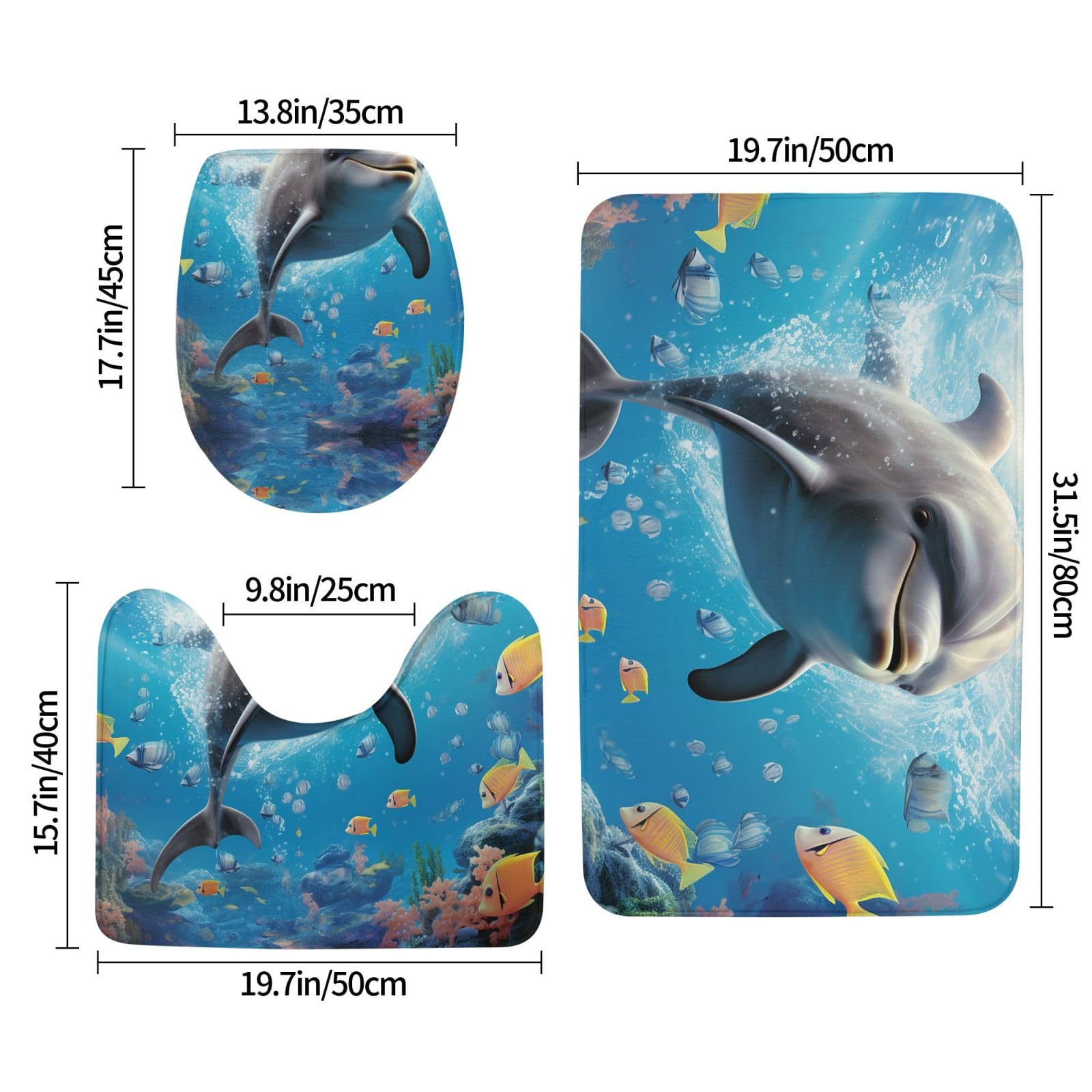 Set di 3 tappetini da bagno con delfino, in flanella, morbida, antiscivolo, con coperchio, decorazione per la casa